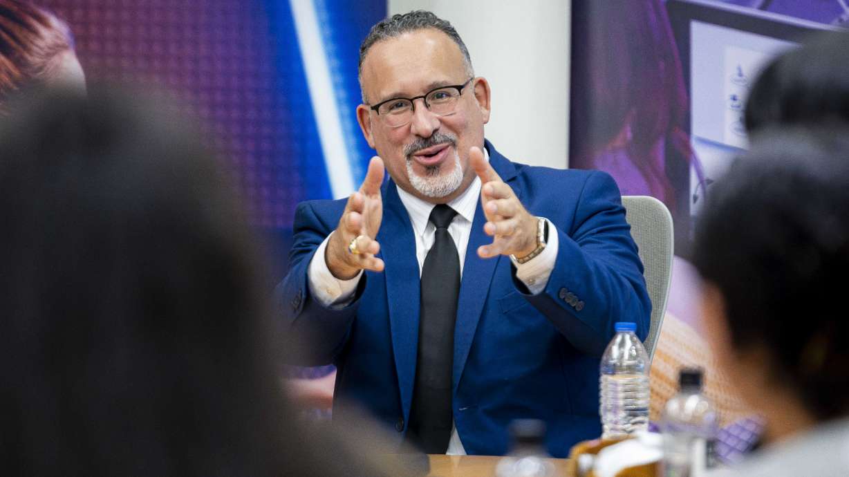 U.S. Secretary of Education Miguel Cardona at the South City Campus of Salt Lake Community College in Salt Lake City during his visit focused on mental health and career technical education on Wednesday.