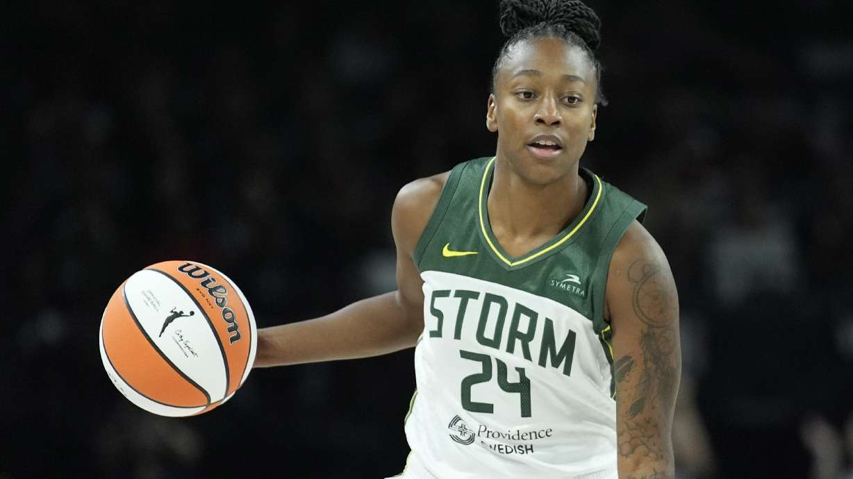 Seattle Storm guard Jewell Loyd (24) plays against the Las Vegas Aces in Game 2 of a WNBA basketball first-round playoff game, Sept. 24, 2024, in Las Vegas.