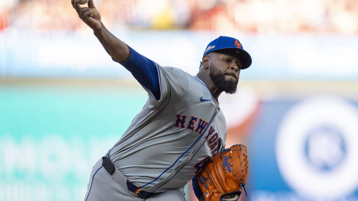 FILE- New York Mets starting pitcher Luis Severino in action during Game 2 of a baseball NL Division Series against the Philadelphia Phillies, Sunday, Oct. 6, 2024, in Philadelphia.