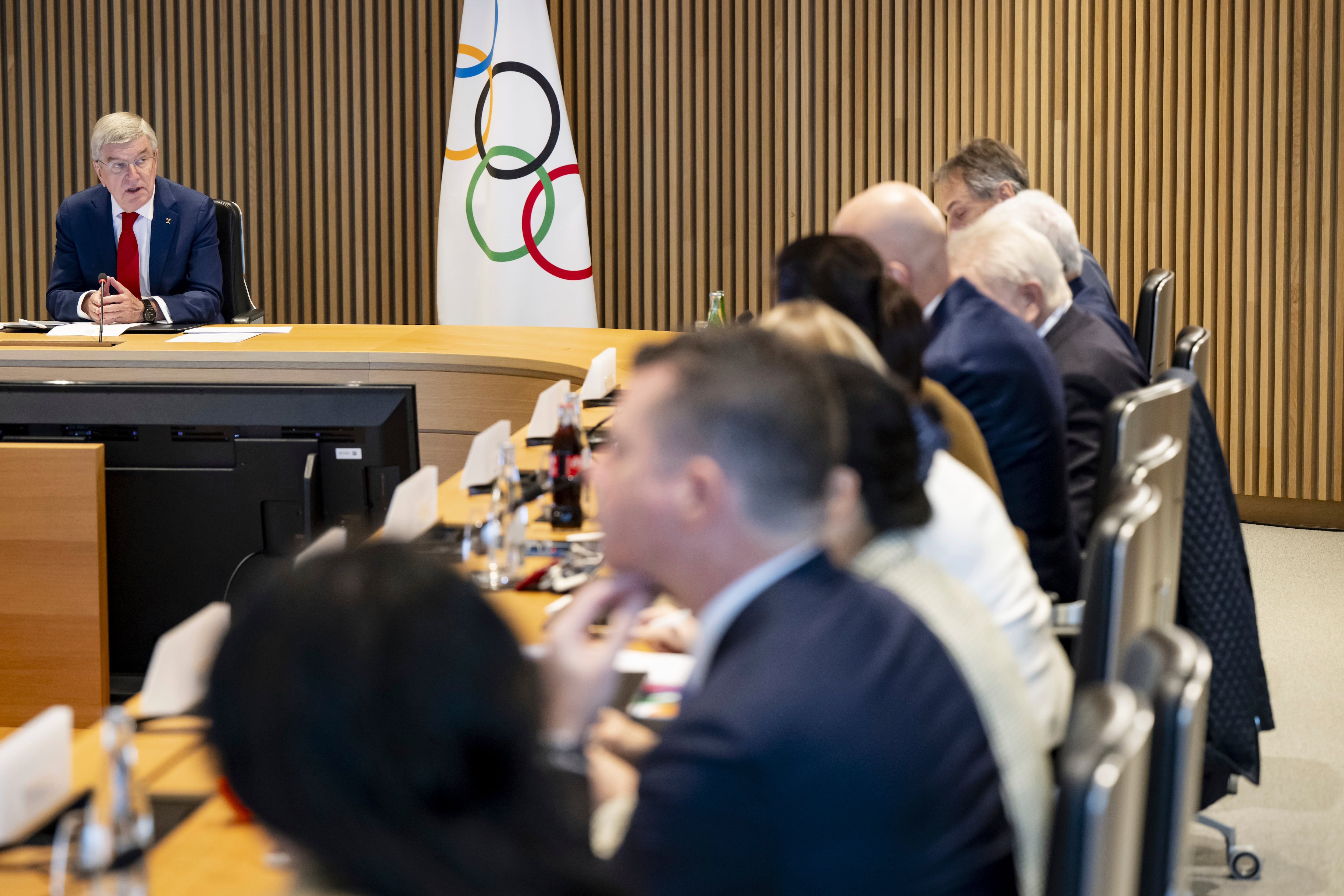 International Olympic Committee President Thomas Bach speaks at the opening of the executive board meeting of the committee, at the Olympic House, in Lausanne, Switzerland, Tuesday.