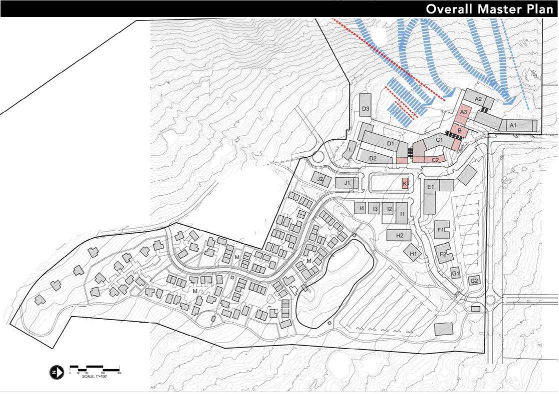 A planning document depicts the proposed ski village development near the base of the Nordic Valley ski resort in Weber County. The current base is shown in the upper right-hand corner.