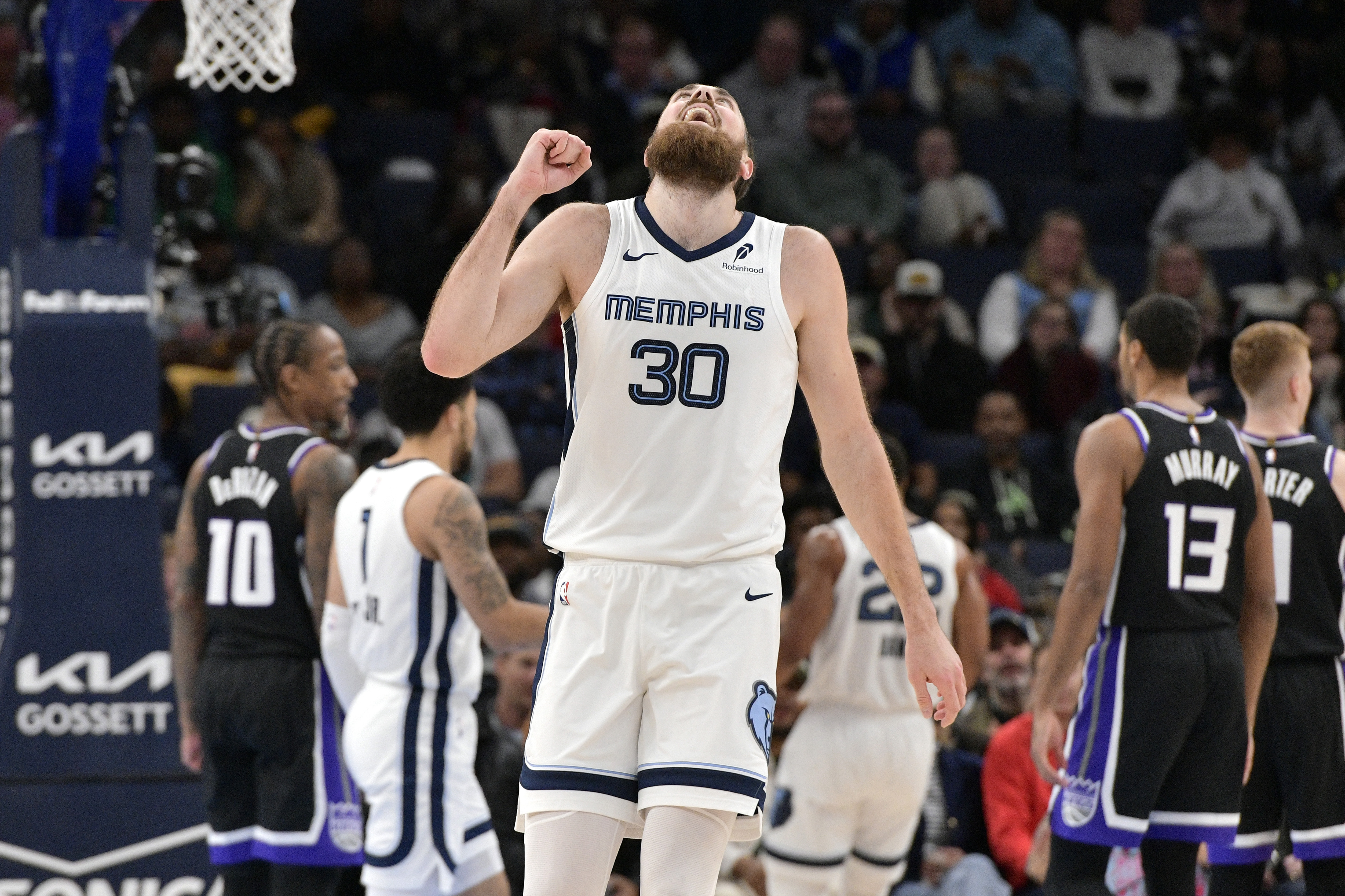 Memphis Grizzlies center Jay Huff (30) reacts in the second half of an NBA basketball game against the Sacramento Kings, Thursday, Dec. 5, 2024, in Memphis, Tenn.