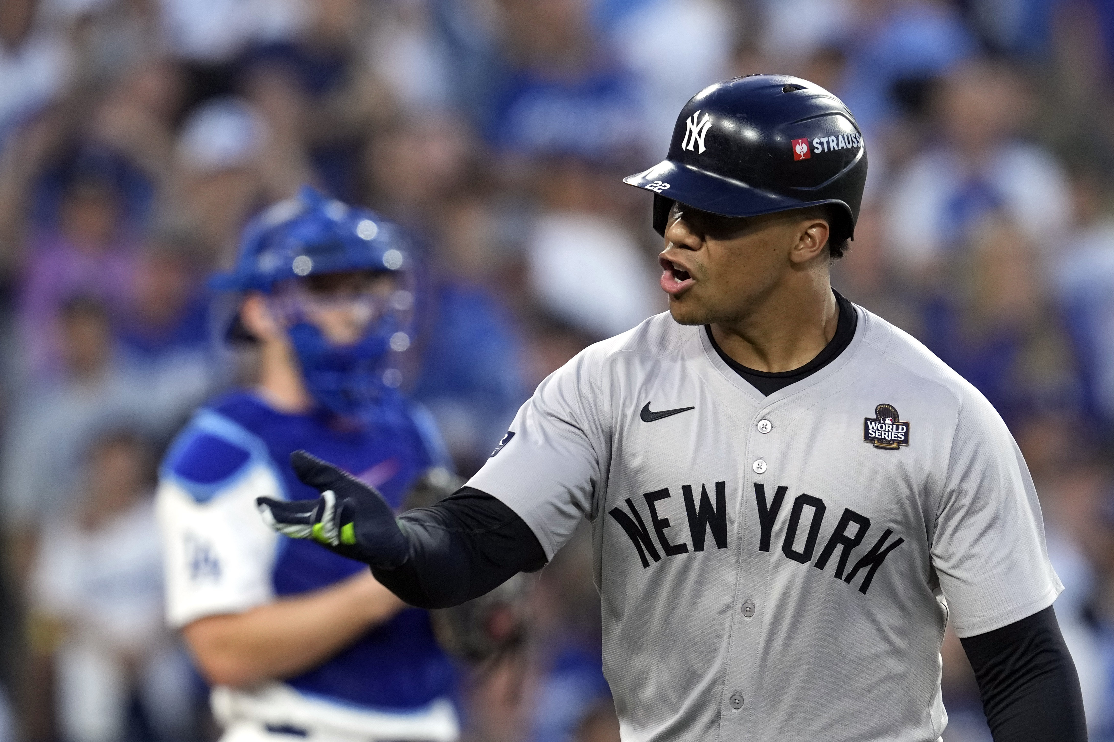 FILE - New York Yankees' Juan Soto celebrates after hitting a home run against the Los Angeles Dodgers during the third inning in Game 2 of the baseball World Series, Saturday, Oct. 26, 2024, in Los Angeles. 