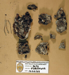 A chunk of charred metal taken as evidence in the case of missing Utah woman Susan Powell on Dec. 9, 2009.