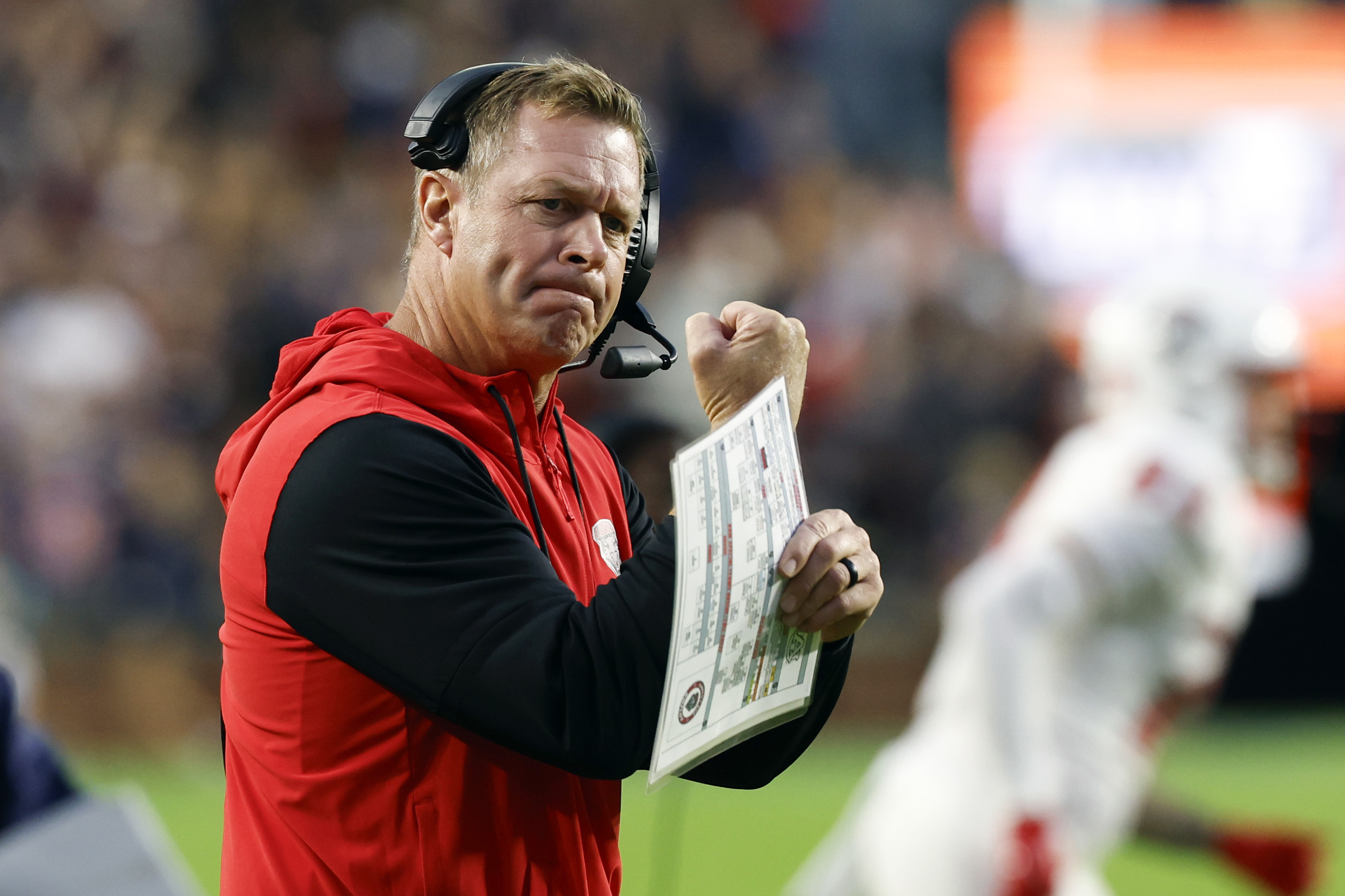 FILE - New Mexico head coach Bronco Mendenhall reacts after a play during the first half of an NCAA college football game against Auburn, Saturday, Sept. 14, 2024, in Auburn, Ala.