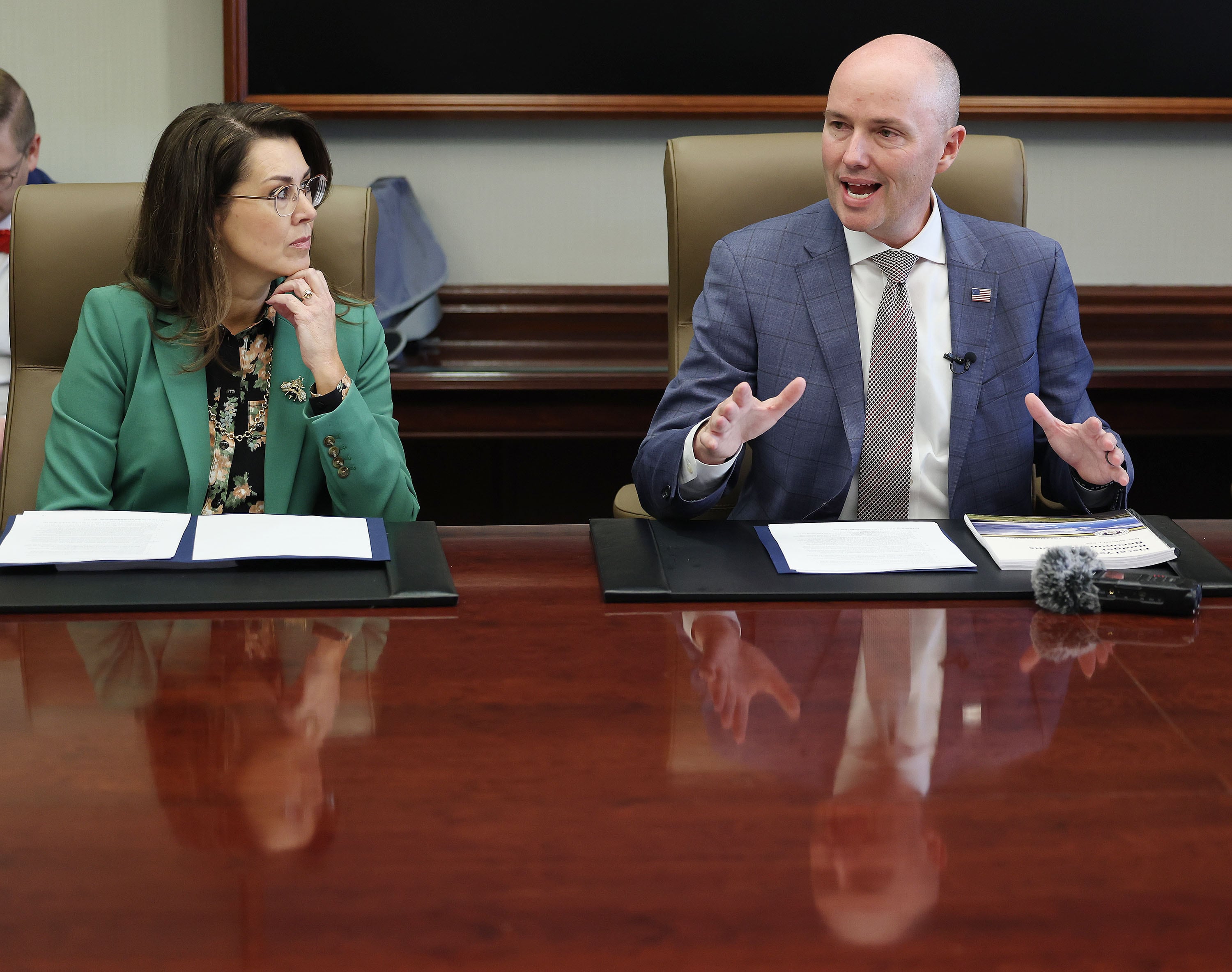 Gov. Spencer Cox and Lt. Gov. Deidre Henderson meet with the Deseret News and KSL editorial boards in Salt Lake City on Dec. 4.