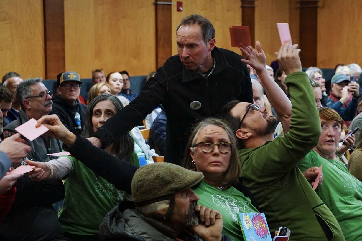 Logan residents submitted their questions on index cards during an information session Thursday on a controversial pipeline project along Canyon Road.