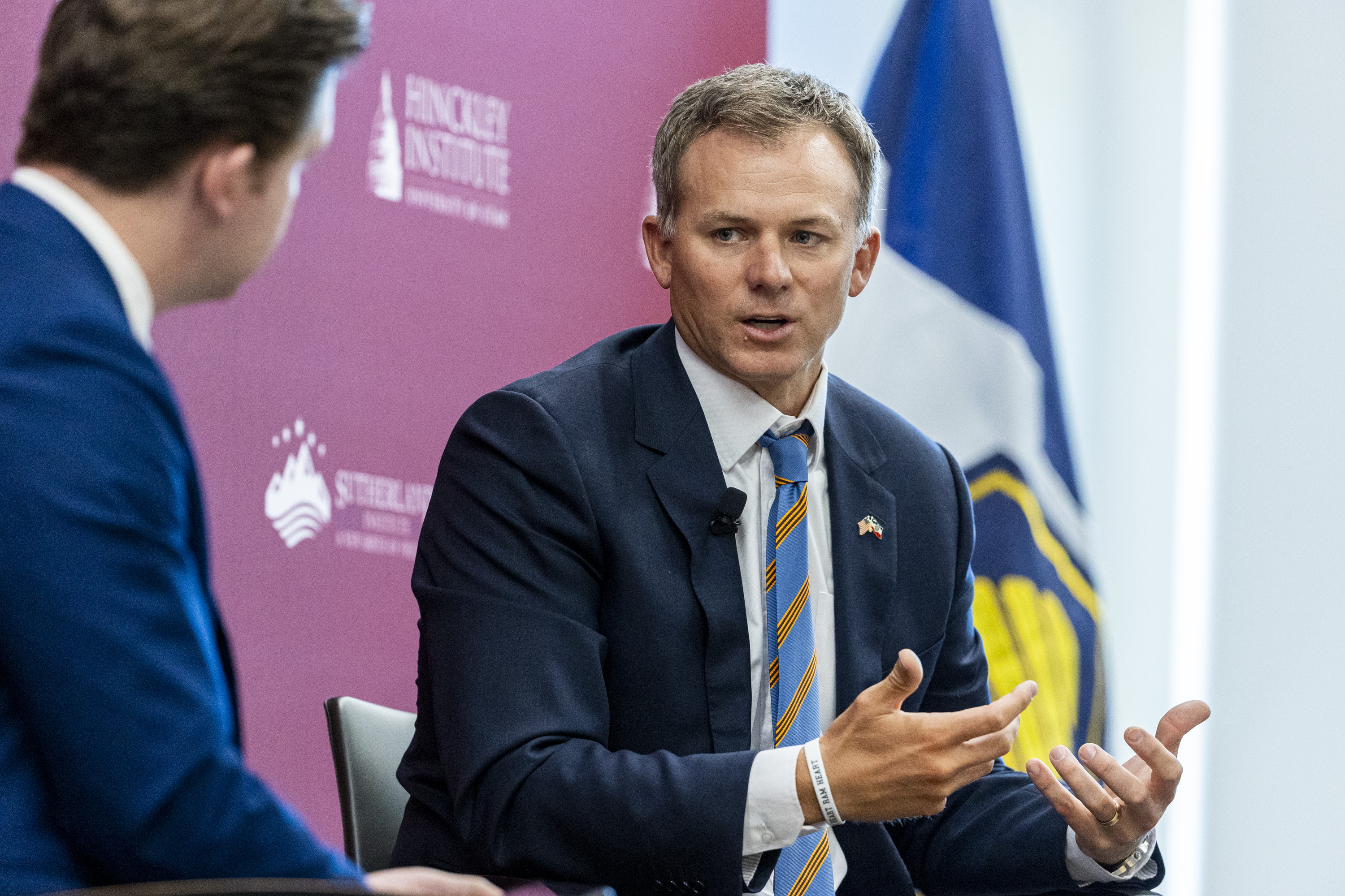 Rep. Blake Moore, R-Utah, on the campus of the University of Utah in Salt Lake City on Aug. 28. Moore will serve as the co-chairman of a new congressional caucus to work with the Department of Government Efficiency on cutting federal spending.