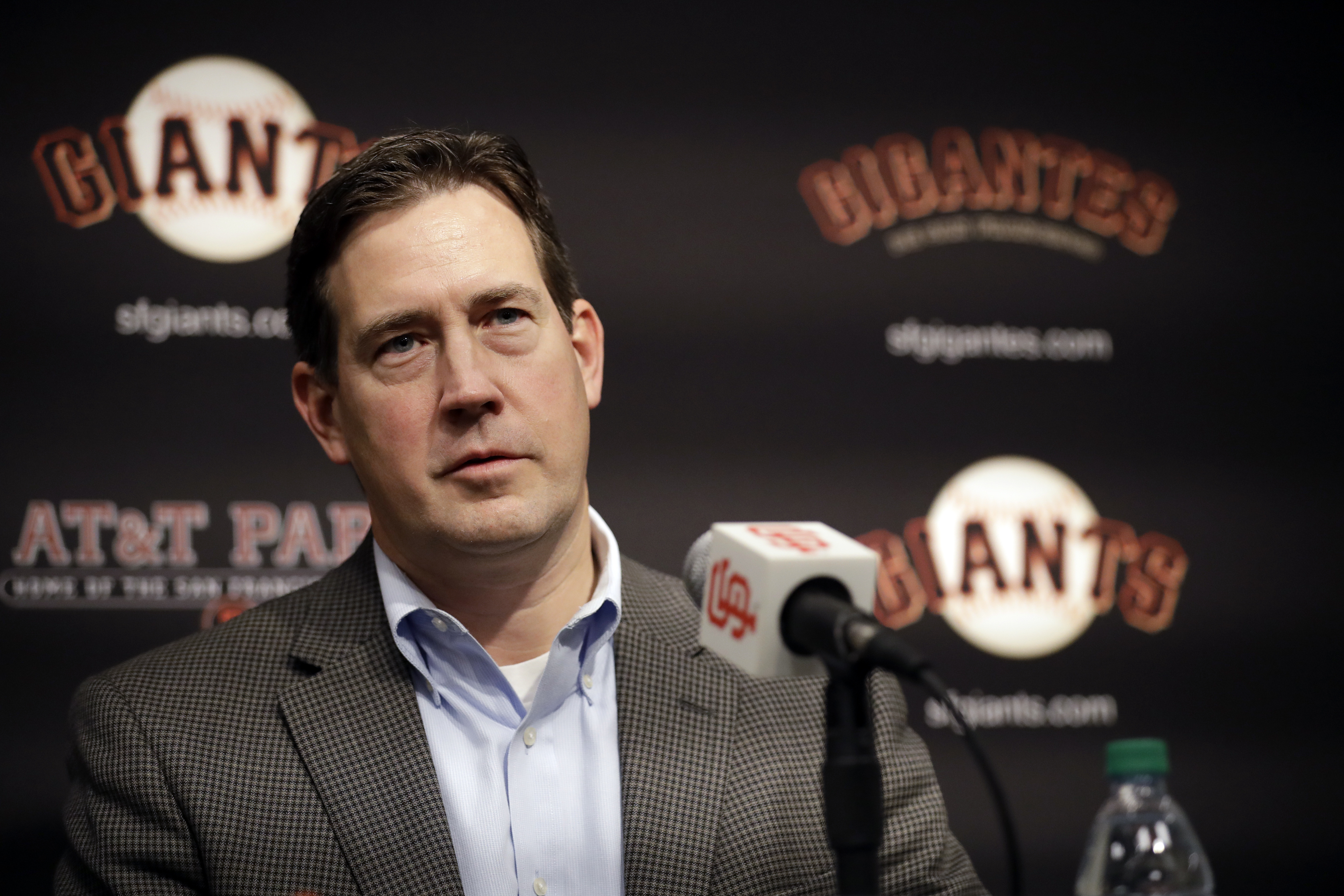 FILE - San Francisco Giants general manager Bobby Evans during a news conference in San Francisco, Jan. 19, 2018. 