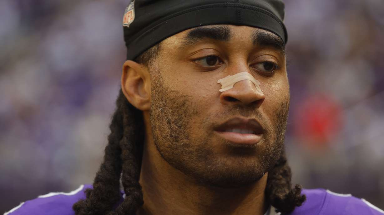 Minnesota Vikings cornerback Stephon Gilmore (2) walks down the sideline during the second half of an NFL football game against the Arizona Cardinals, Sunday, Dec. 1, 2024, in Minneapolis.