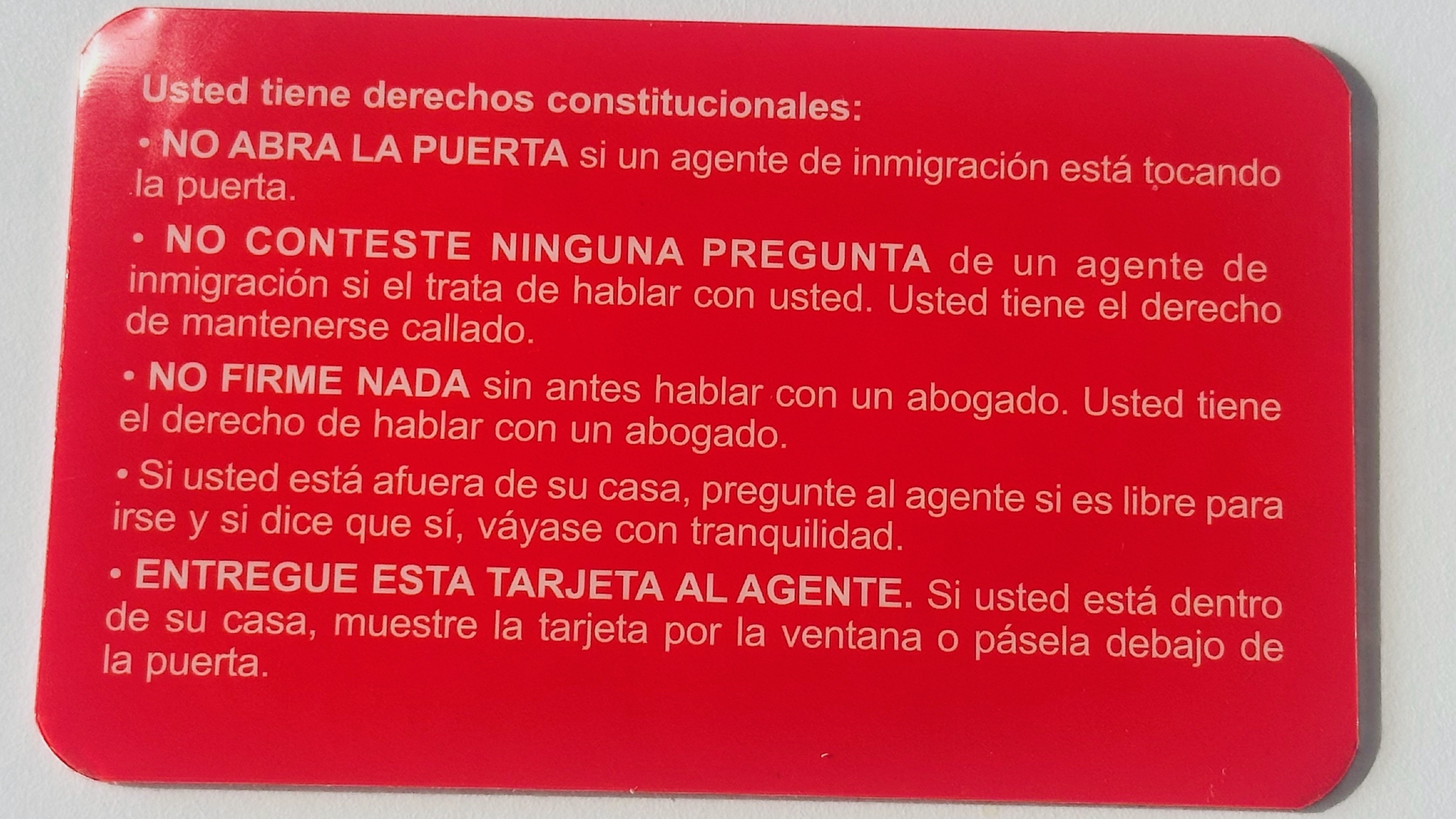 The photo shows an Immigrant Legal Resource Center "red card," spelling out some of the rights immigrants have in Spanish. Utah immigrant advocates are hosting meetings on Thursday to advise immigrants of their rights.