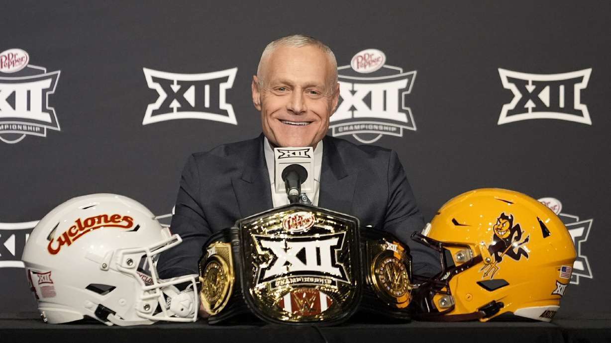 Big 12 Commissioner Brett Yormark responds to questions during a news conference before the Big 12 Conference championship NCAA college football game between Iowa State and Arizona State, in Arlington, Texas, Saturday Dec. 7, 2024.