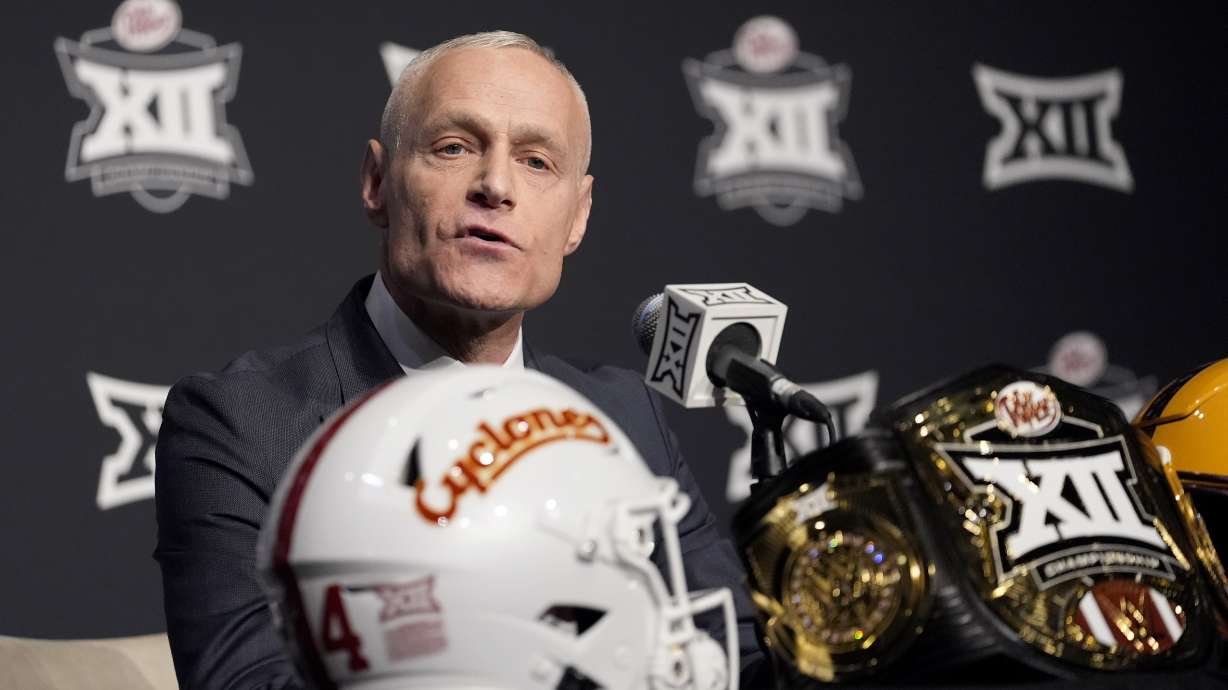 Big 12 Commissioner Brett Yormark responds to questions during a news conference before the Big 12 Conference championship NCAA college football game between Iowa State and Arizona State, in Arlington, Texas, Saturday Dec. 7, 2024.