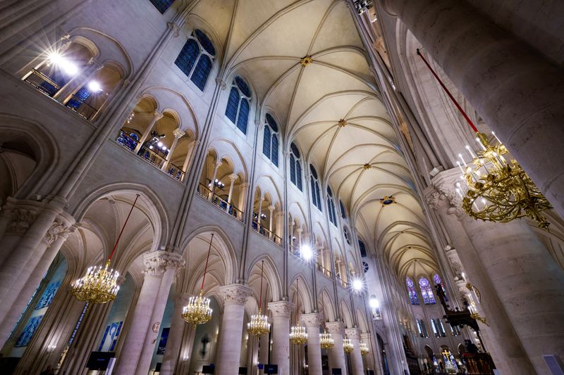 The interior of the Notre Dame Cathedral, ahead of its official reopening ceremony after more than five years of reconstruction work following the April 2019 fire, in Paris on Dec. 7.