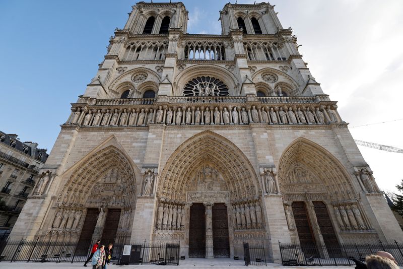 The facade of the Notre Dame Cathedral, ahead of its official reopening ceremony after more than five years of reconstruction work following the April 2019 fire, in Paris, France on Saturday.