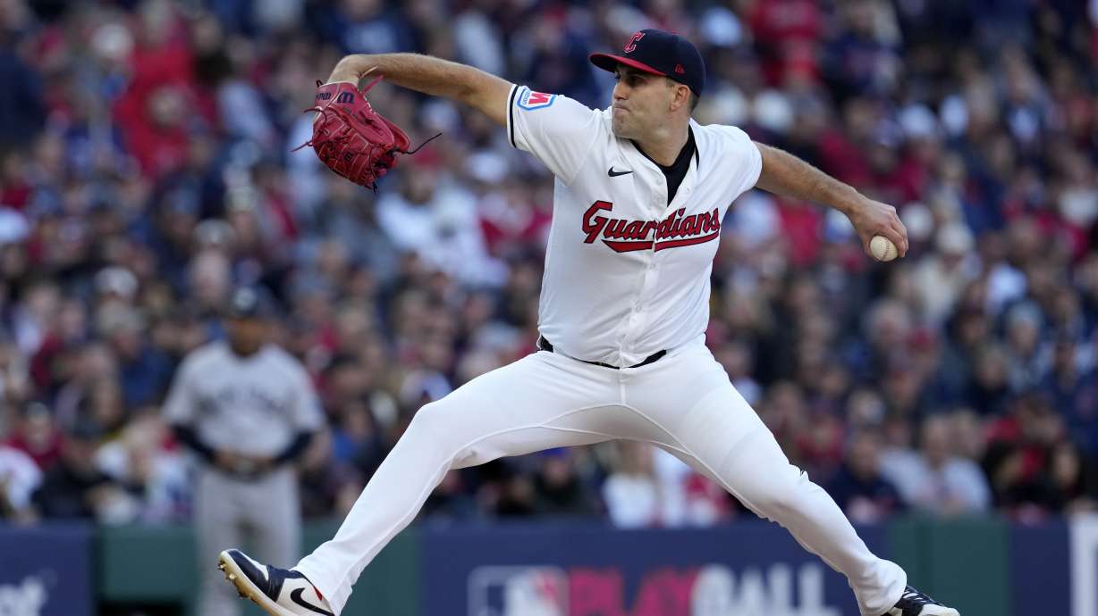 FILE - Cleveland Guardians starting pitcher Matthew Boyd throws against the New York Yankees during the first inning in Game 3 of the baseball AL Championship Series Thursday, Oct. 17, 2024, in Cleveland.