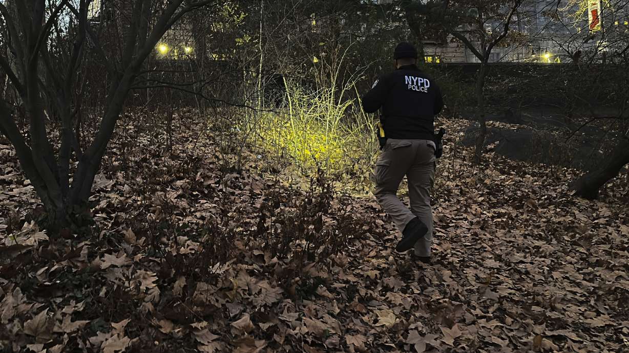 A police officer walks in Central Park near 64th Street and Central Park West, Friday, in New York, while searching for a backpack police believe was dropped by the person suspected of killing UnitedHealthcare CEO Brian Thompson.