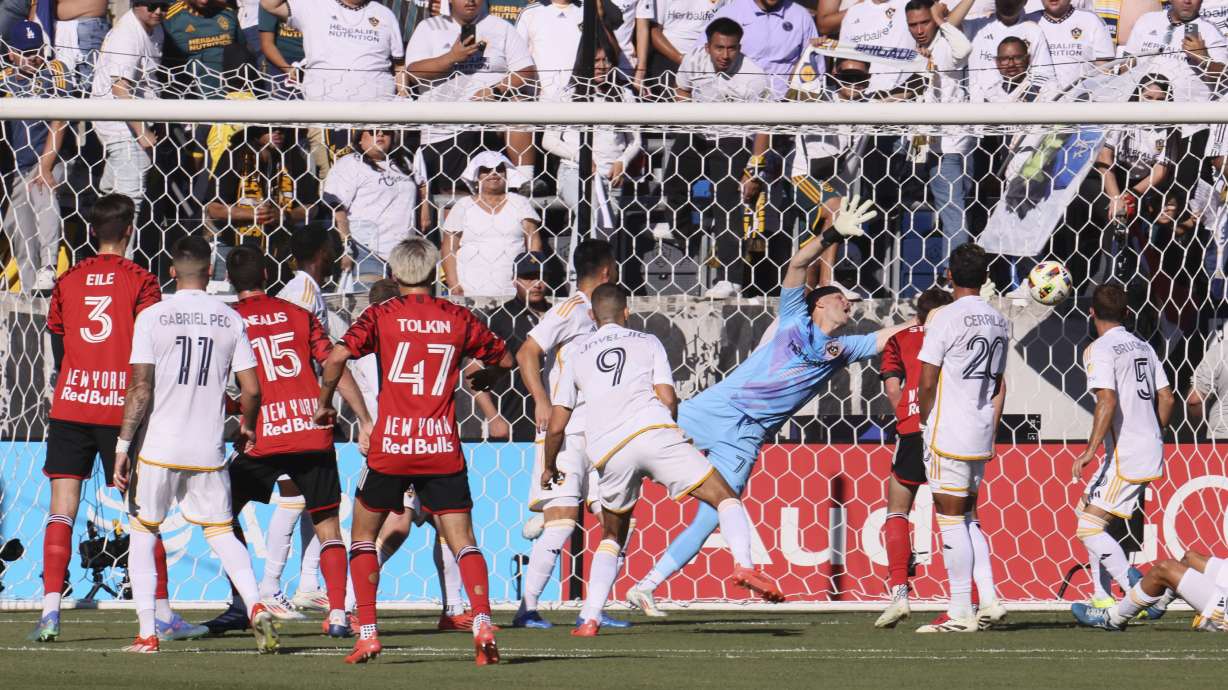New York Red Bulls defender Sean Nealis (15) scores past Los Angeles Galaxy goalkeeper John McCarthy during the first half of the MLS Cup championship soccer match Saturday, Dec. 7, 2024, in Carson, Calif.
