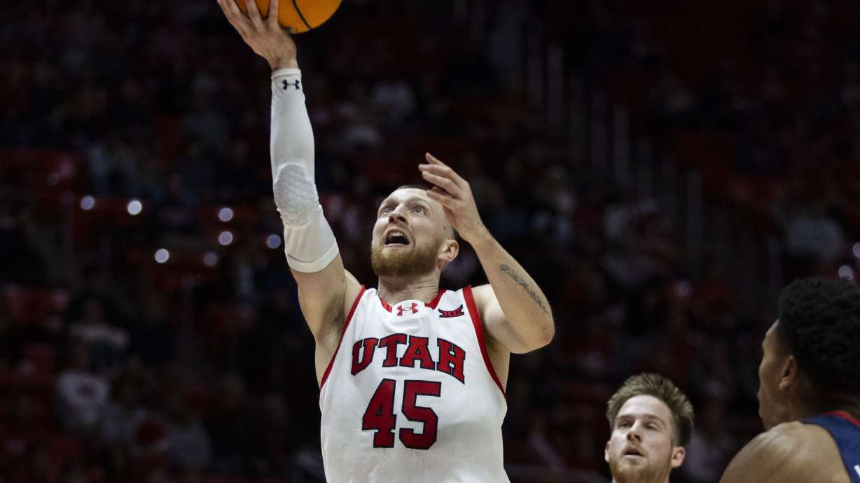 Utah Utes guard Mason Madsen (45) puts up a shot during a game against the St. Mary's Gaels at the Jon M. Huntsman Center on the campus of the University of Utah in Salt Lake City on Saturday, Dec. 7, 2024.