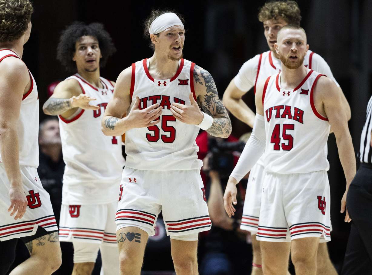 Utah Utes guard Gabe Madsen (55) disputes a call by a referee during a game against the St. Mary's Gaels at the Jon M. Huntsman Center on the campus of the University of Utah in Salt Lake City on Saturday, Dec. 7, 2024.
