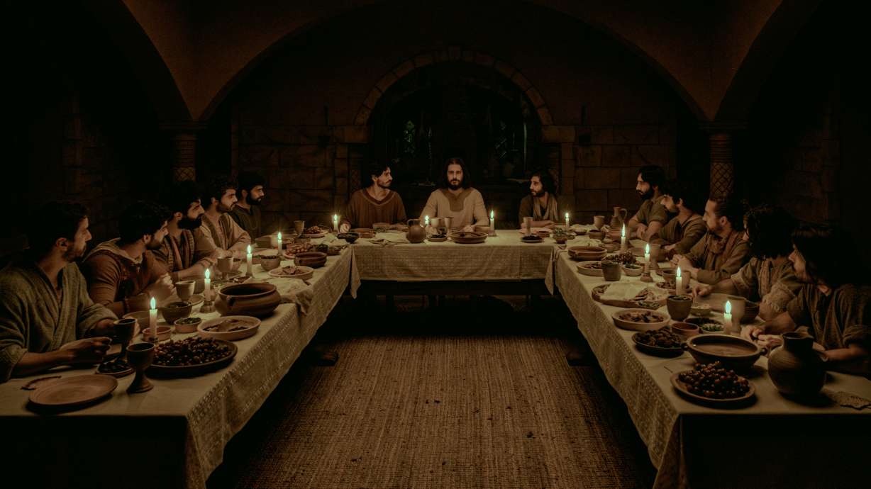 A screenshot from "The Chosen" Season 5 shows Jesus, played by Jonathan Roumie, and the disciples during the Last Supper. The upcoming fifth season will cover Holy Week.