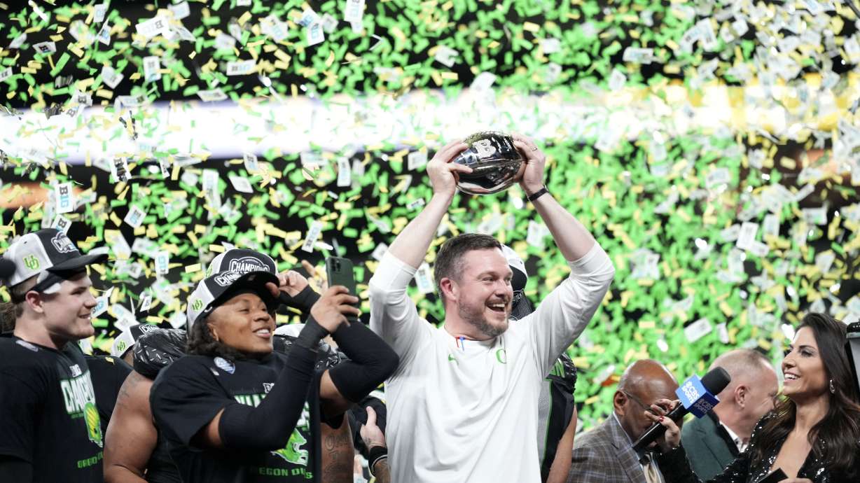 Oregon head coach Dan Lanning celebrates after the Big Ten championship NCAA college football game against Penn State, Saturday, Dec. 7, 2024, in Indianapolis.