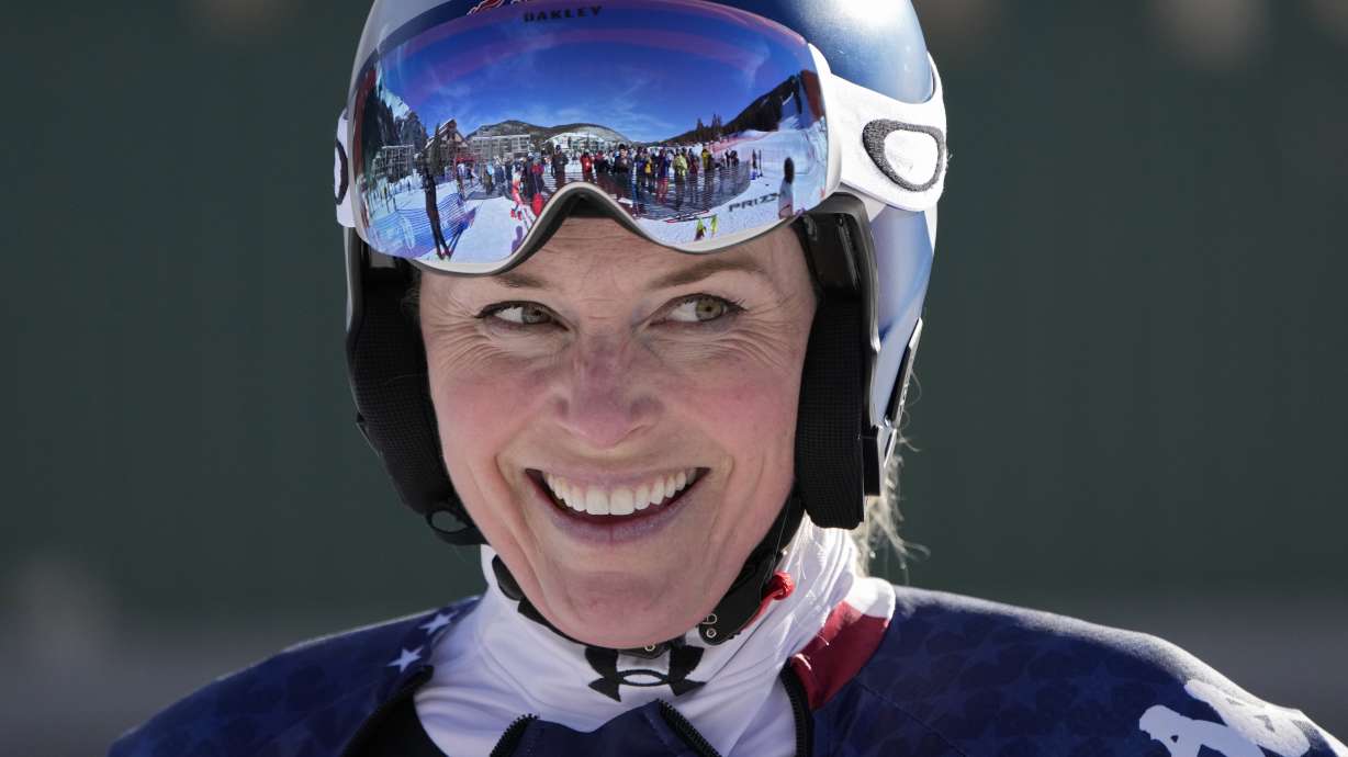 Lindsey Vonn reacts after her run at a downhill skiing race at Copper Mountain Ski Resort, Saturday, Dec. 7, 2024, in Copper Mountain, Colo.