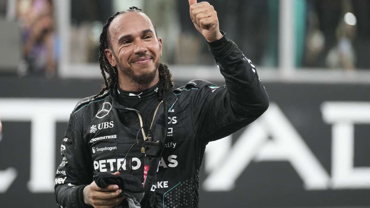 Mercedes driver Lewis Hamilton of Britain reacts after the Formula One Abu Dhabi Grand Prix at the Yas Marina Circuit in Abu Dhabi, UAE, Sunday, Dec. 8, 2024.