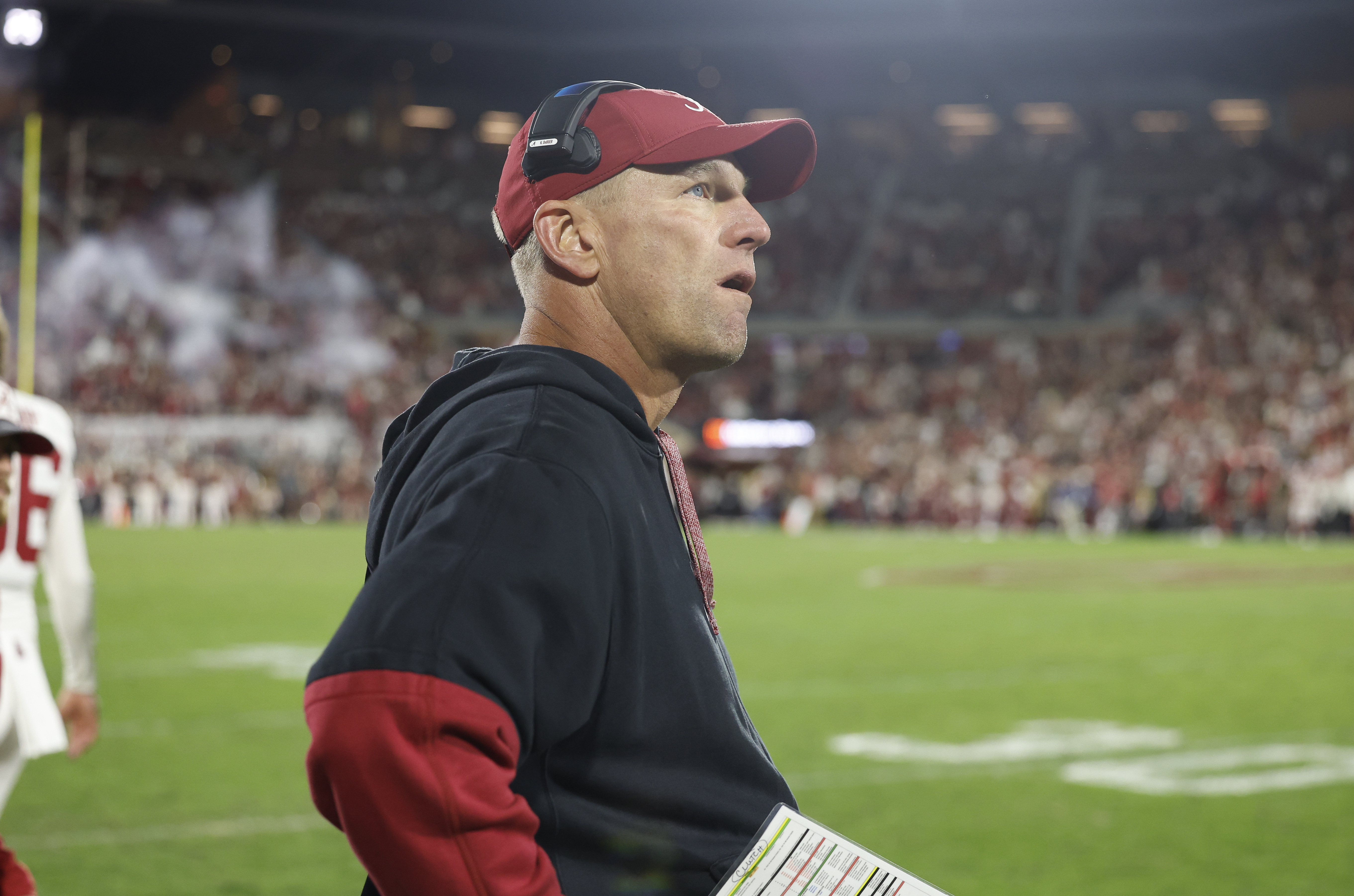 Alabama head coach Kalen DeBoer watches his team play against Oklahoma during the second half of a NCAA college football game Saturday, Nov. 23, 2024, in Norman, Okla. 