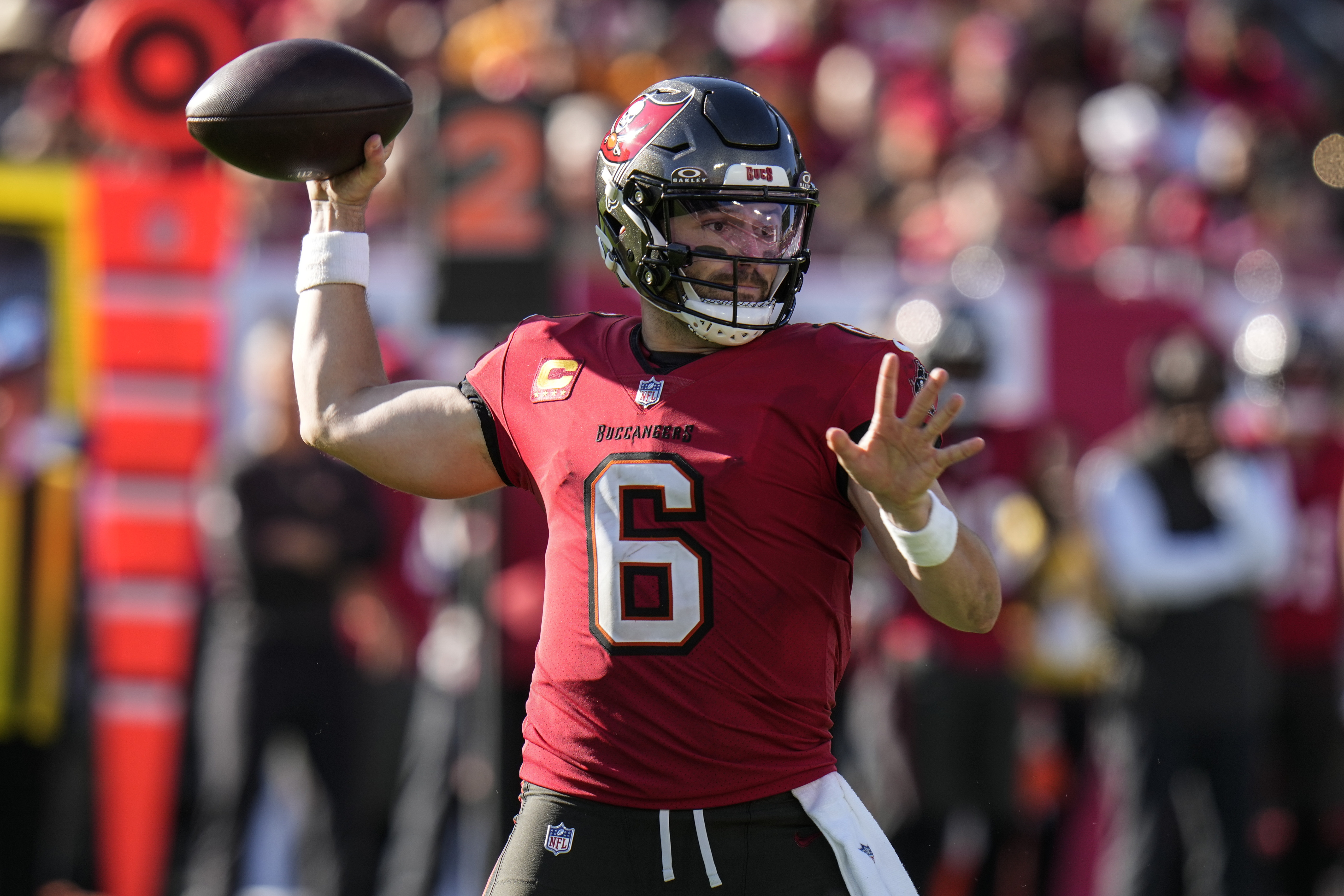 Tampa Bay Buccaneers quarterback Baker Mayfield (6) passes in the pocket against the Las Vegas Raiders during the second half of an NFL football game, Sunday, Dec. 8, 2024, in Tampa, Fla.