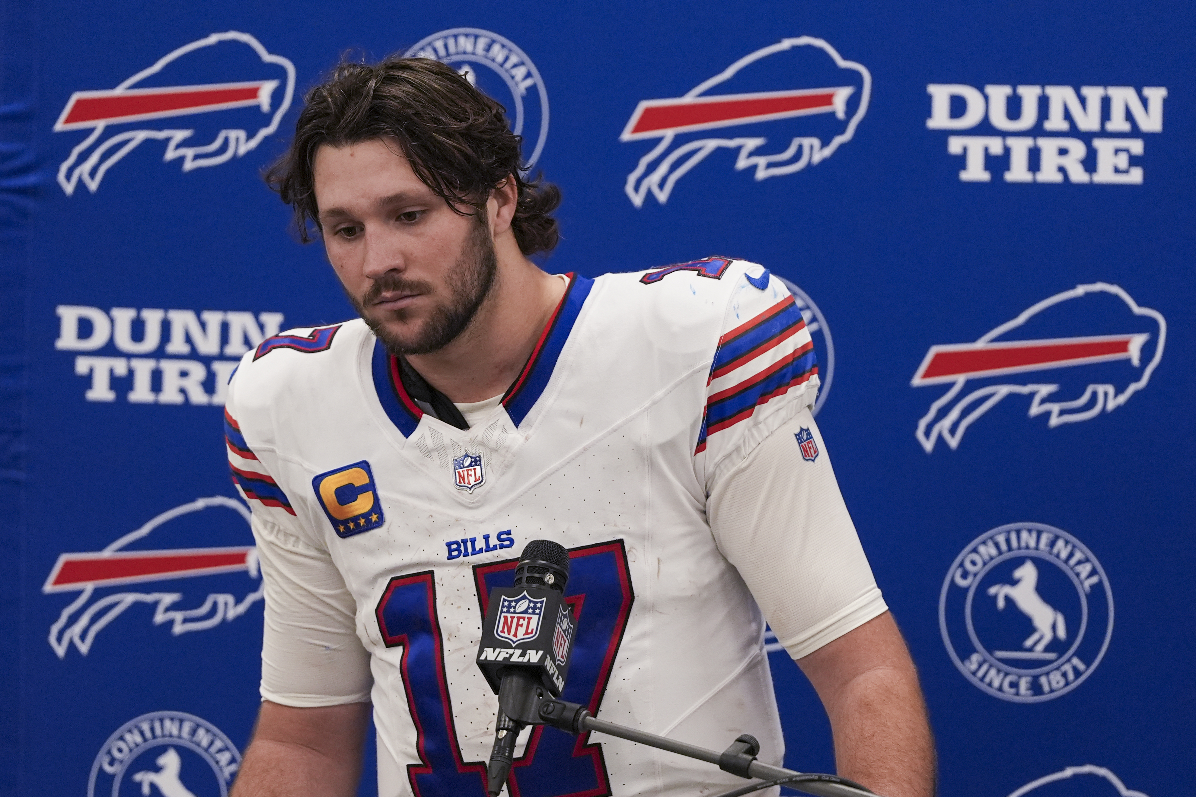 Buffalo Bills quarterback Josh Allen speaks to reporters following an NFL football game against the Los Angeles Rams, Sunday, Dec. 8, 2024, in Inglewood, Calif. The Rams won 44-42.