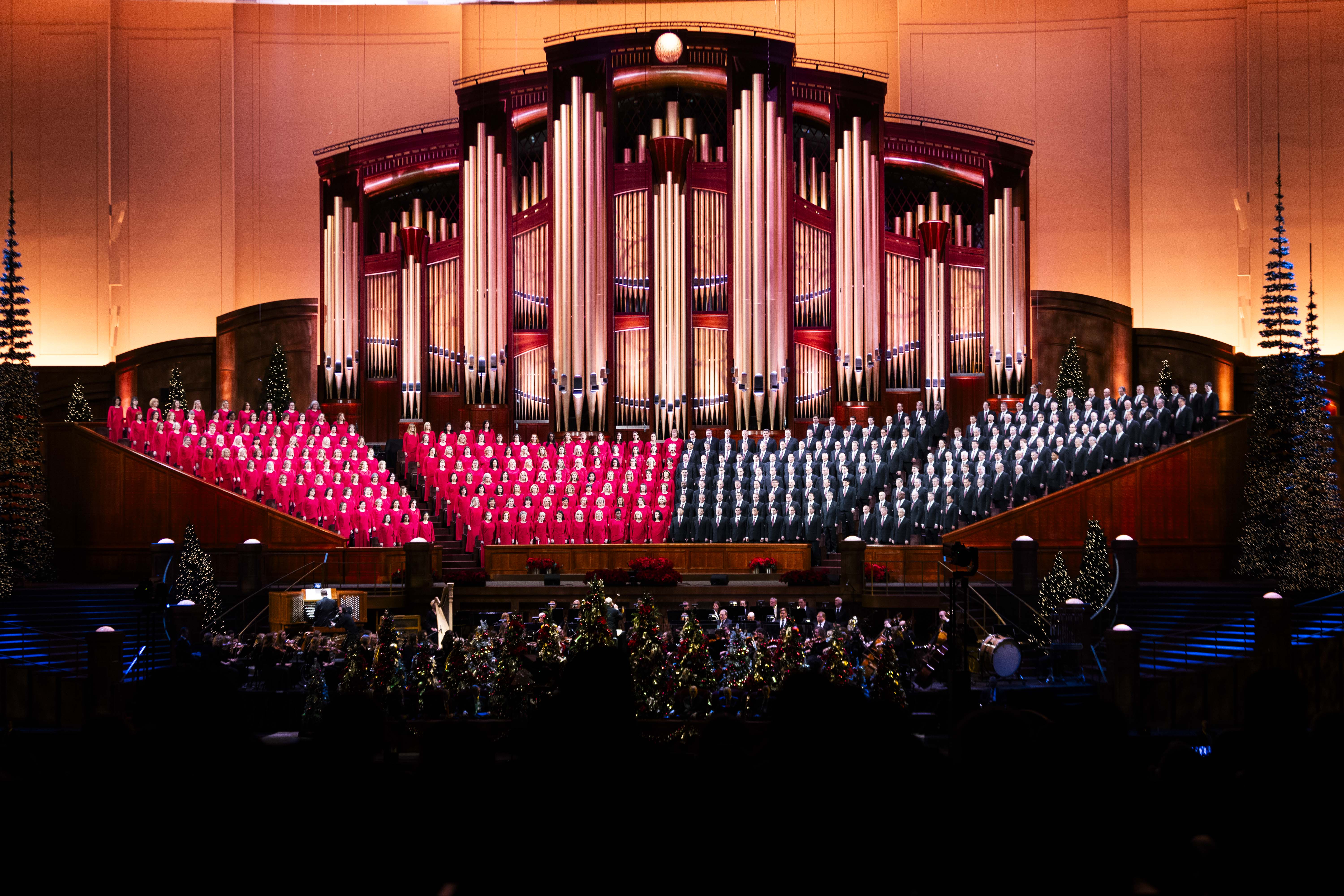 Members of The Tabernacle Choir at Temple Square perform during the First Presidency’s Christmas Devotional of The Church of Jesus Christ of Latter-day Saint at the Conference Center in Salt Lake City on Sunday.