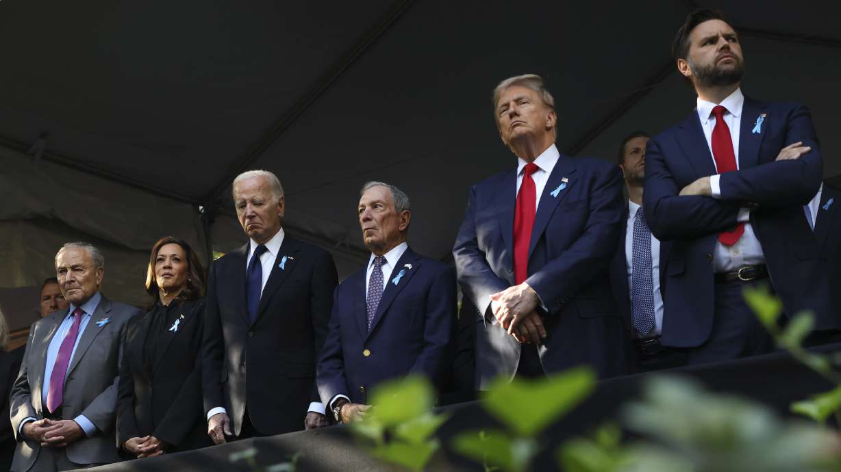 From left, Sen. Chuck Schumer, D-NY, Vice President Kamala Harris, President Joe Biden, Michael Bloomberg, former President Donald Trump and Sen. JD Vance, R-Ohio, attend the 9/11 Memorial ceremony on the 23rd anniversary of the Sept. 11, 2001, attacks, on Sept. 11, in New York. The Merriam-Webster word of the year is "polarization."