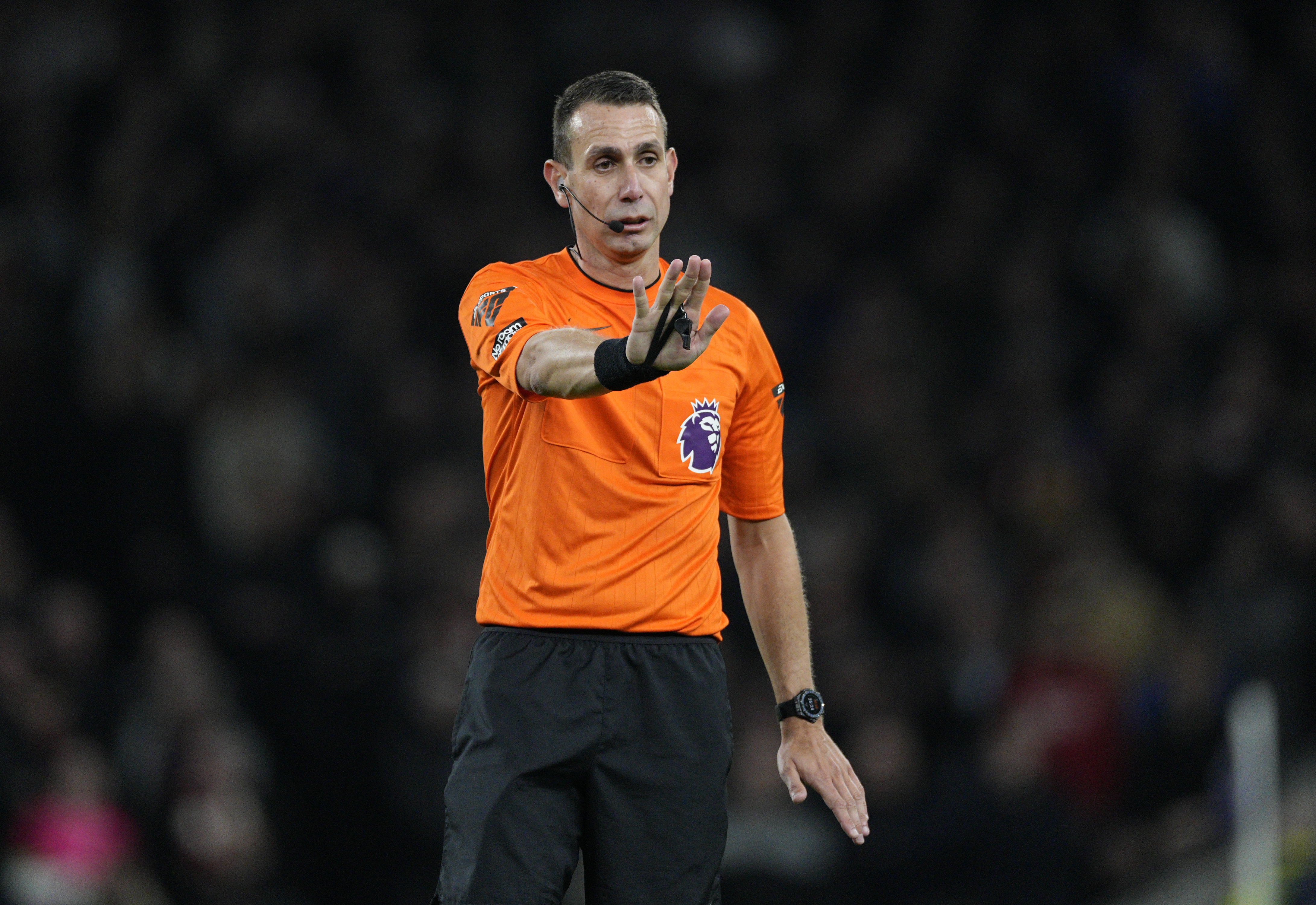 FILE - Referee David Coote reacts during the English Premier League soccer match between Tottenham Hotspur and Brighton and Brentford, at White Hart Lane Stadium in London, England, Wednesday , Jan 31, 2024.