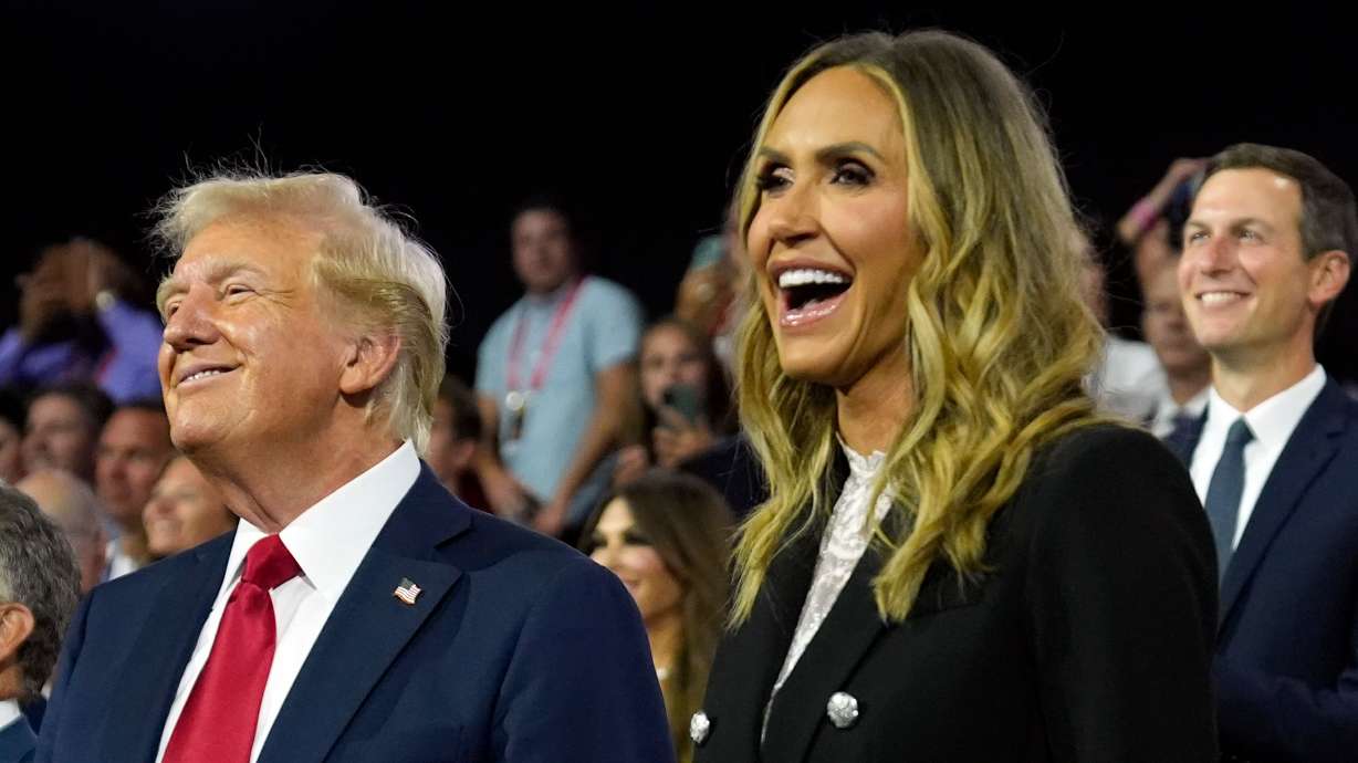 Then-Republican presidential candidate former President Donald Trump, left, and Republican National Committee co-chair Lara Trump attend the final day of the Republican National Convention, July 18, in Milwaukee.