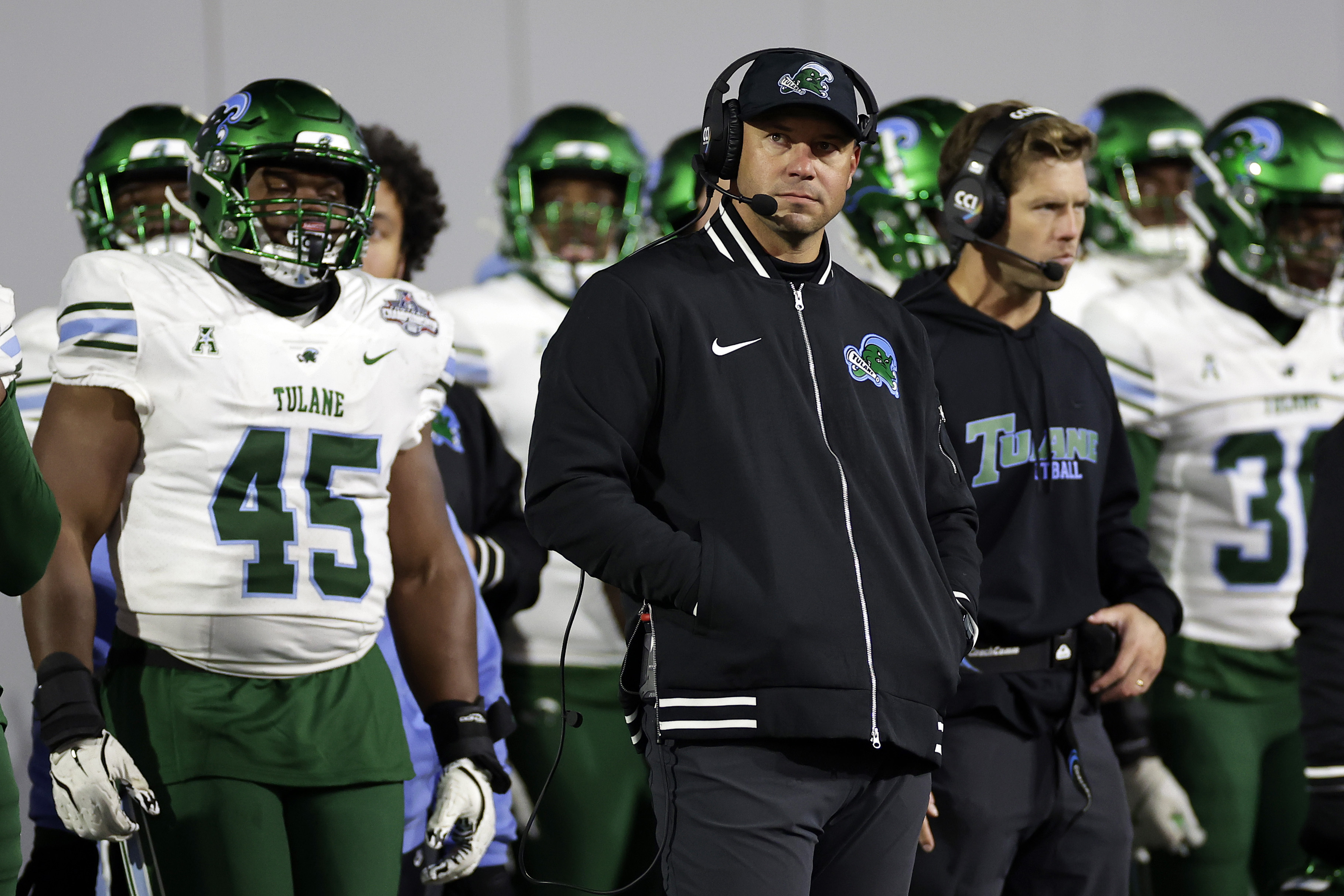 Tulane head coach Jon Sumrall looks on during the second half of the American Athletic Conference championship NCAA college football game against Army Friday, Dec. 6, 2024, in West Point, N.Y. Army won 35-14.