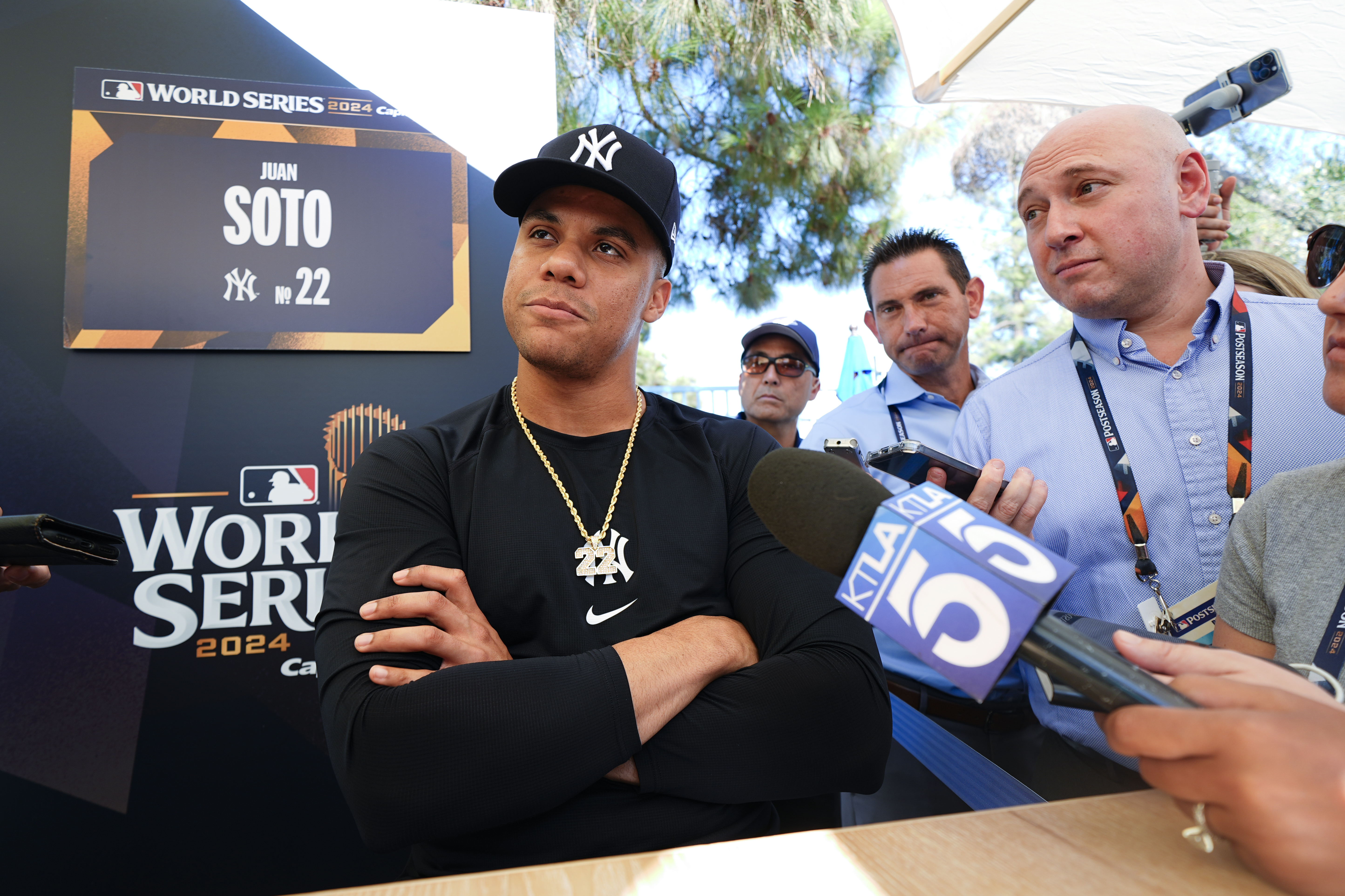 FILE - New York Yankees' Juan Soto speaks during media day for the baseball World Series, Oct. 24, 2024, in Los Angeles.