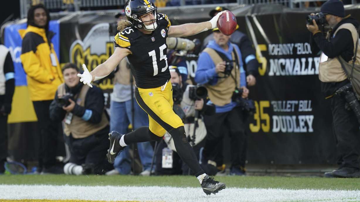 Pittsburgh Steelers wide receiver Ben Skowronek (15) celebrates after recovering a fumble on a punt in the second half of an NFL football game against the Cleveland Browns in Pittsburgh, Sunday, Dec. 8, 2024.