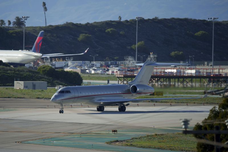 A VistaJet private jet, dubbed "The Football Era," with the tail number 9H-VTD, thought by online sleuths to have Taylor Swift aboard, arrives at Los Angeles International Airport from Tokyo's Haneda Airport, on Feb. 10, in Los Angeles.