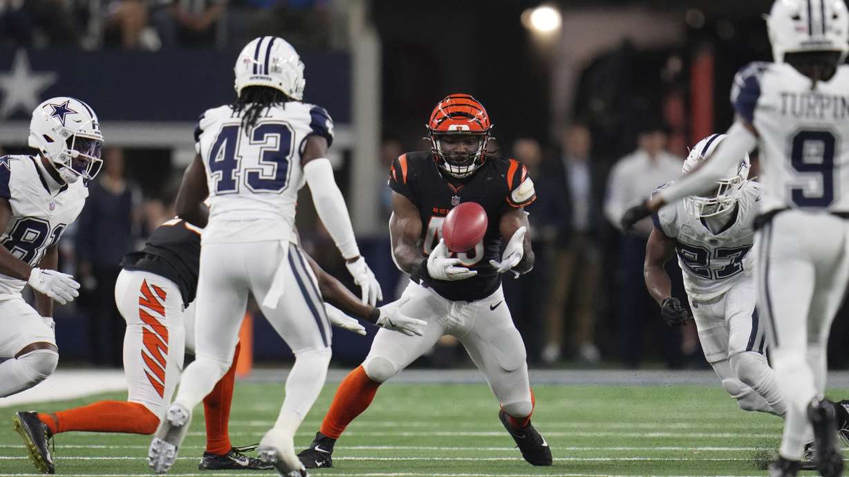 Cincinnati Bengals linebacker Maema Njongmeta (45) recovers a blocked punt during the second half of an NFL football game against the Dallas Cowboys, Monday, Dec. 9, 2024, in Arlington, Texas. The Cincinnati Bengals won 27-20.