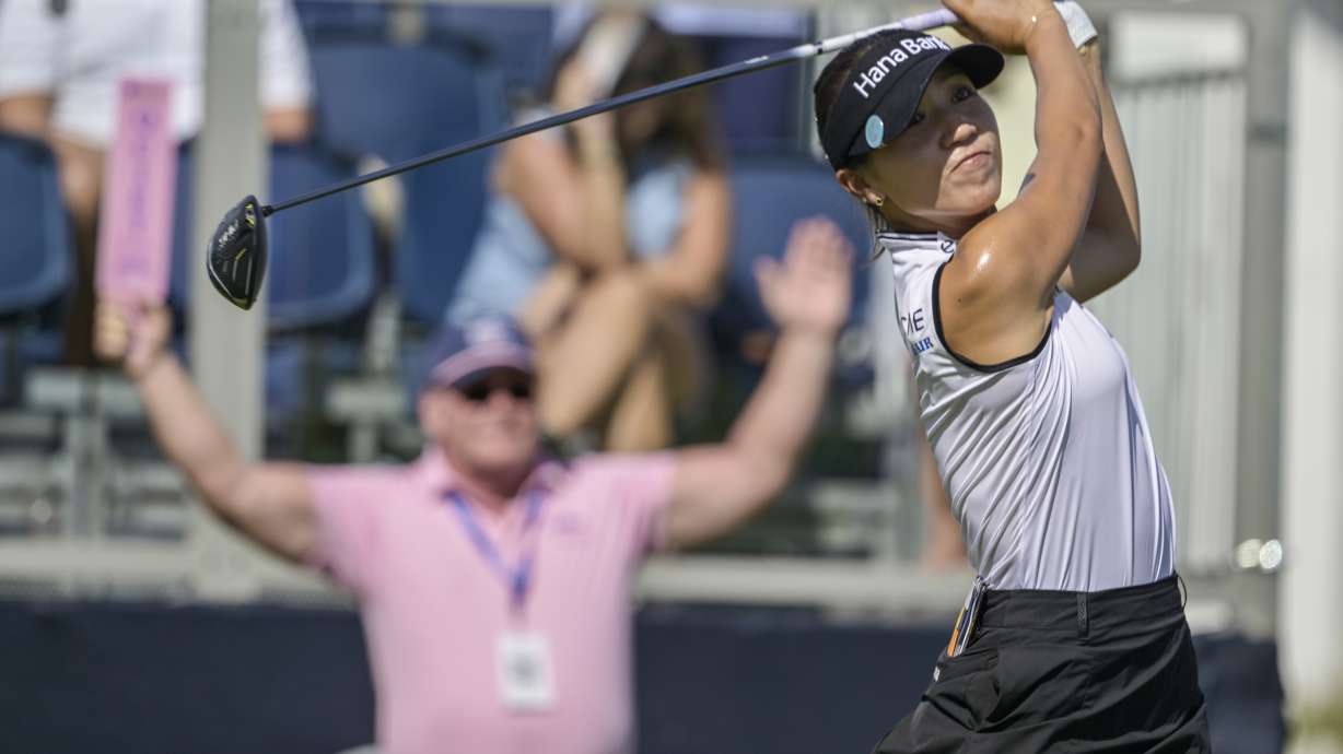Lydia Ko of New Zealand hits her tee shot on the 10th hole during the first round of The Annika golf tournament at Pelican Golf Club, Thursday, Nov. 14, 2024, in Belleair, Fla.