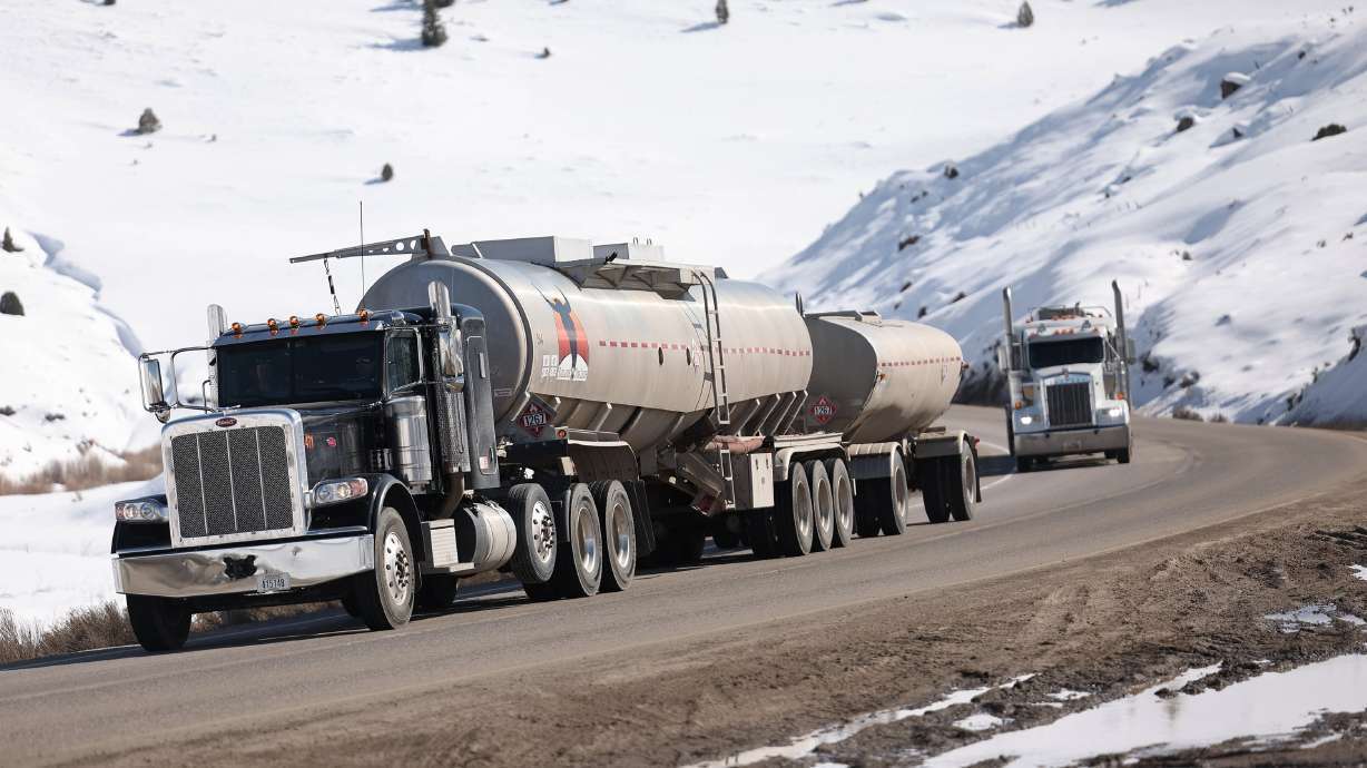 Tanker trucks drive on U.S. 191 near Helper on March 29, 2023. A proposed western railroad expansion aimed at boosting crude oil production in Utah is coming before the Supreme Court Tuesday.