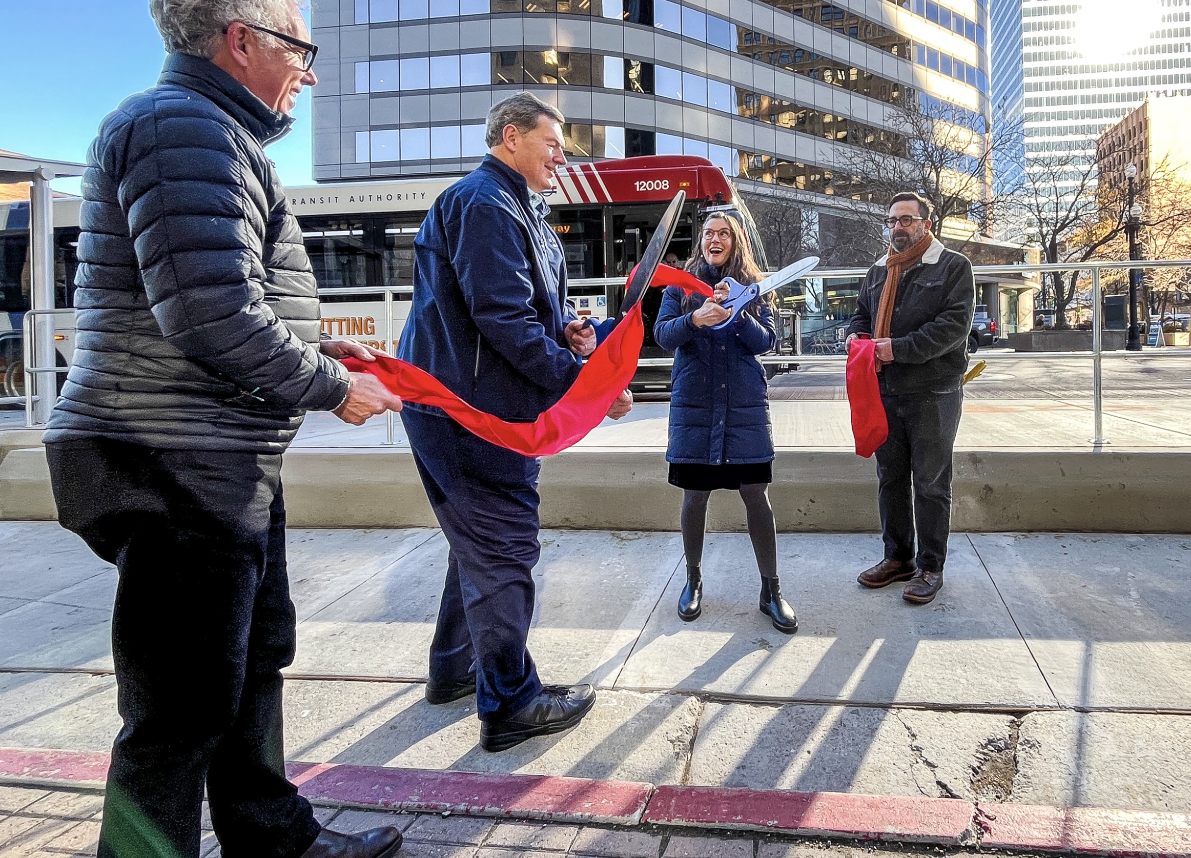 Salt Lake City Mayor Erin Mendenhall cuts a ribbon celebrating the reopening of 200 South in Salt Lake City during a ceremony on Tuesday. Construction on the road ended last month.