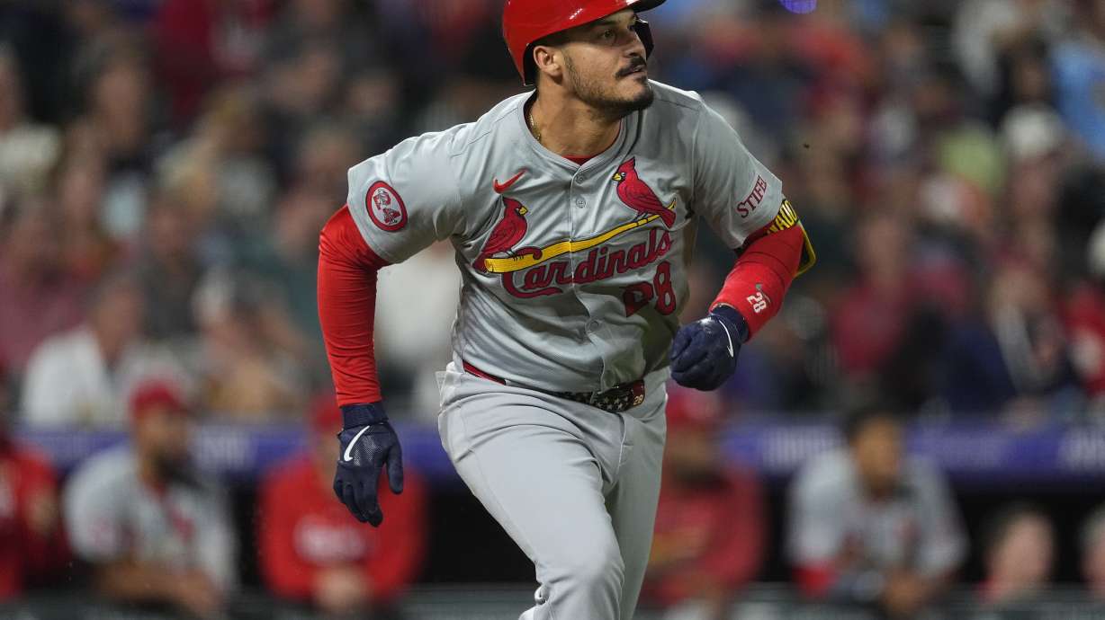 FILE - St. Louis Cardinals third baseman Nolan Arenado (28) in the eighth inning of a baseball game Tuesday, Sept. 24, 2024, in Denver.