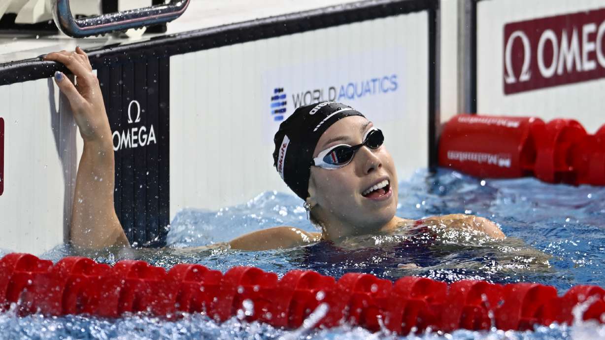 Gretchen Walsh reacts after the team USA won the 4x100 meter final during the World Short Course Swimming Championships in Budapest, Hungary, Tuesday, Dec. 10, 2024.