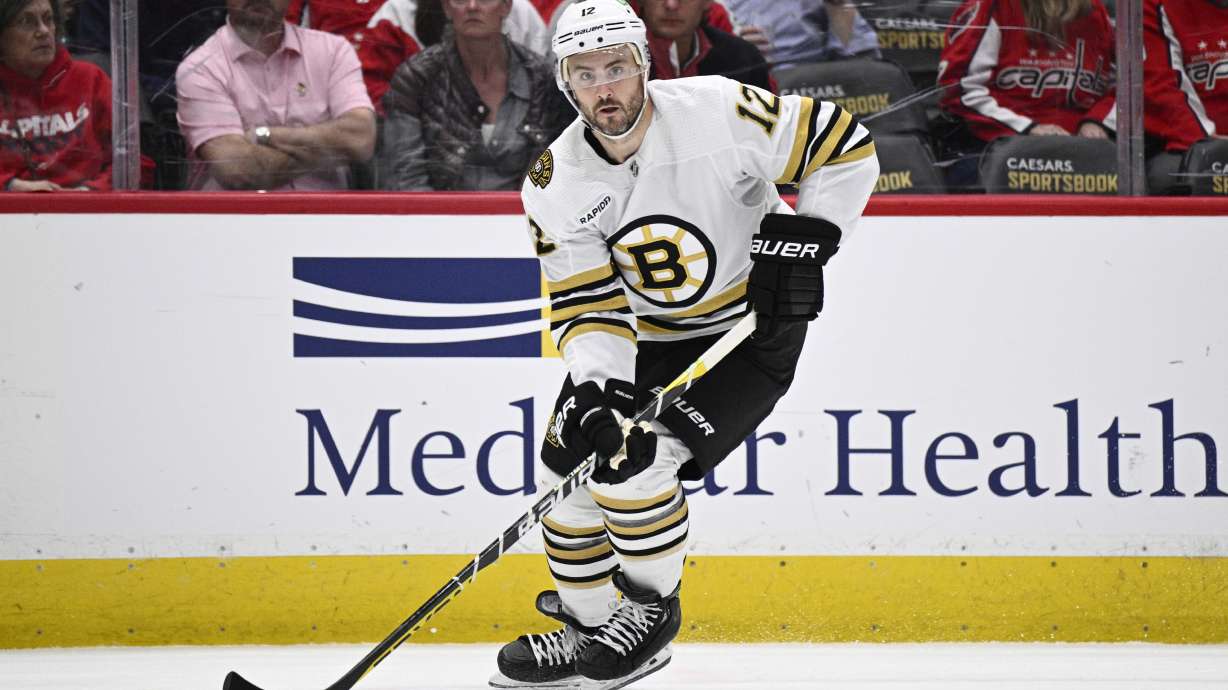FILE - Boston Bruins defenseman Kevin Shattenkirk (12) in action during the first period of an NHL hockey game against the Washington Capitals, Monday, April 15, 2024, in Washington.
