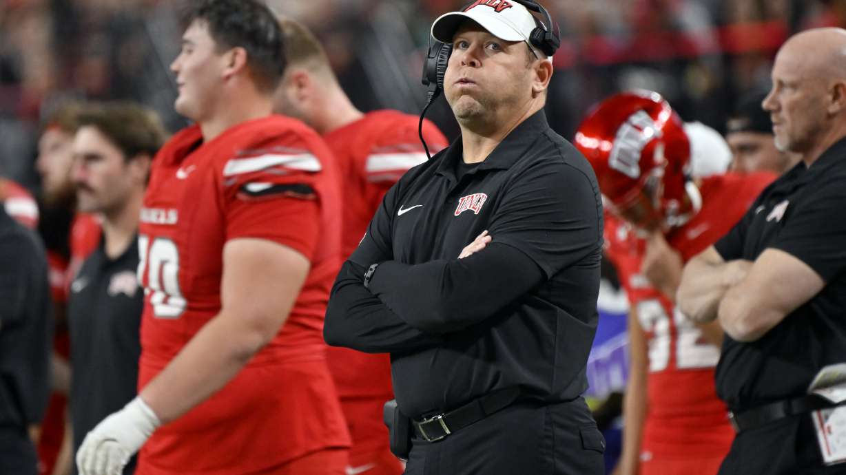 UNLV head coach Barry Odom looks on during the second half of an NCAA college football game against Nevada Saturday, Nov. 30, 2024, in Las Vegas.