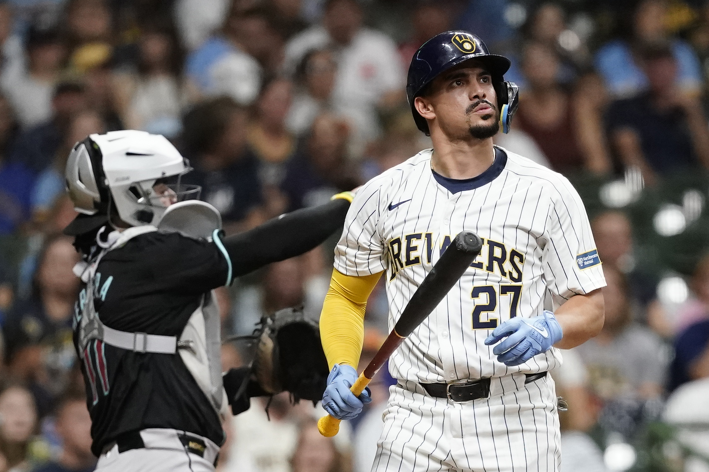 FILE - Milwaukee Brewers' Willy Adames reacts after striking out during the seventh inning of a baseball game against the Arizona Diamondbacks, Saturday, Sept. 21, 2024, in Milwaukee.
