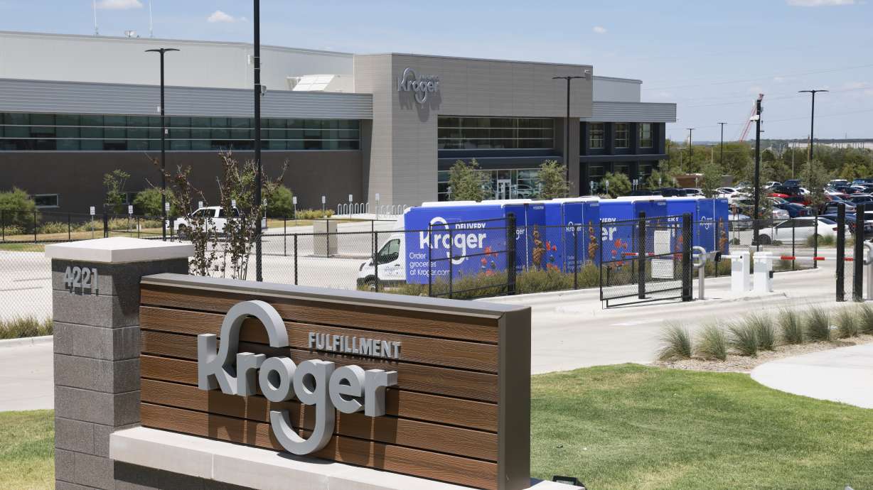 The exterior of Kroger's fulfillment center is shown on July 27, 2022, in Dallas, Texas. A judge blocked a potential merger between Kroger and Albertsons Tuesday.