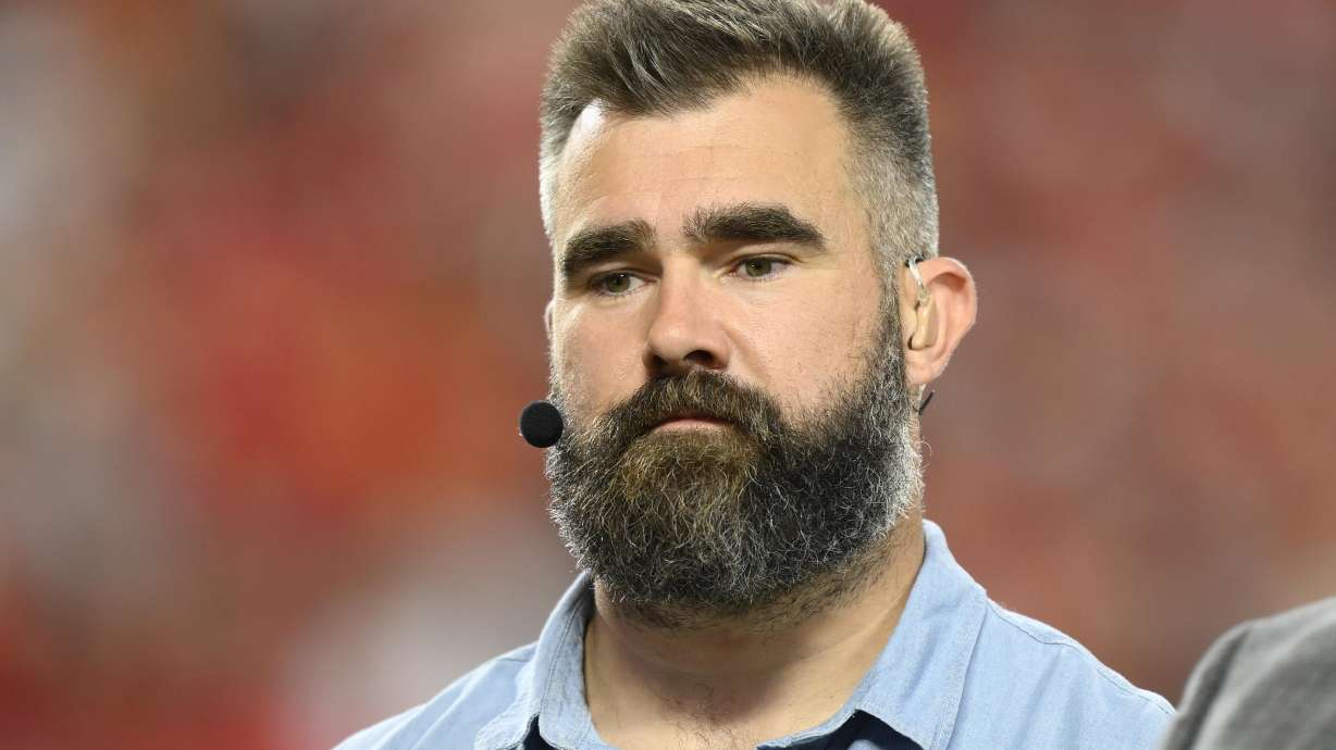 FILE - Jason Kelce with the Monday Night Football crew before the first half of an NFL football game between the Kansas City Chiefs and the New Orleans Saints, Monday, Oct. 7, 2024 in Kansas City, Mo.